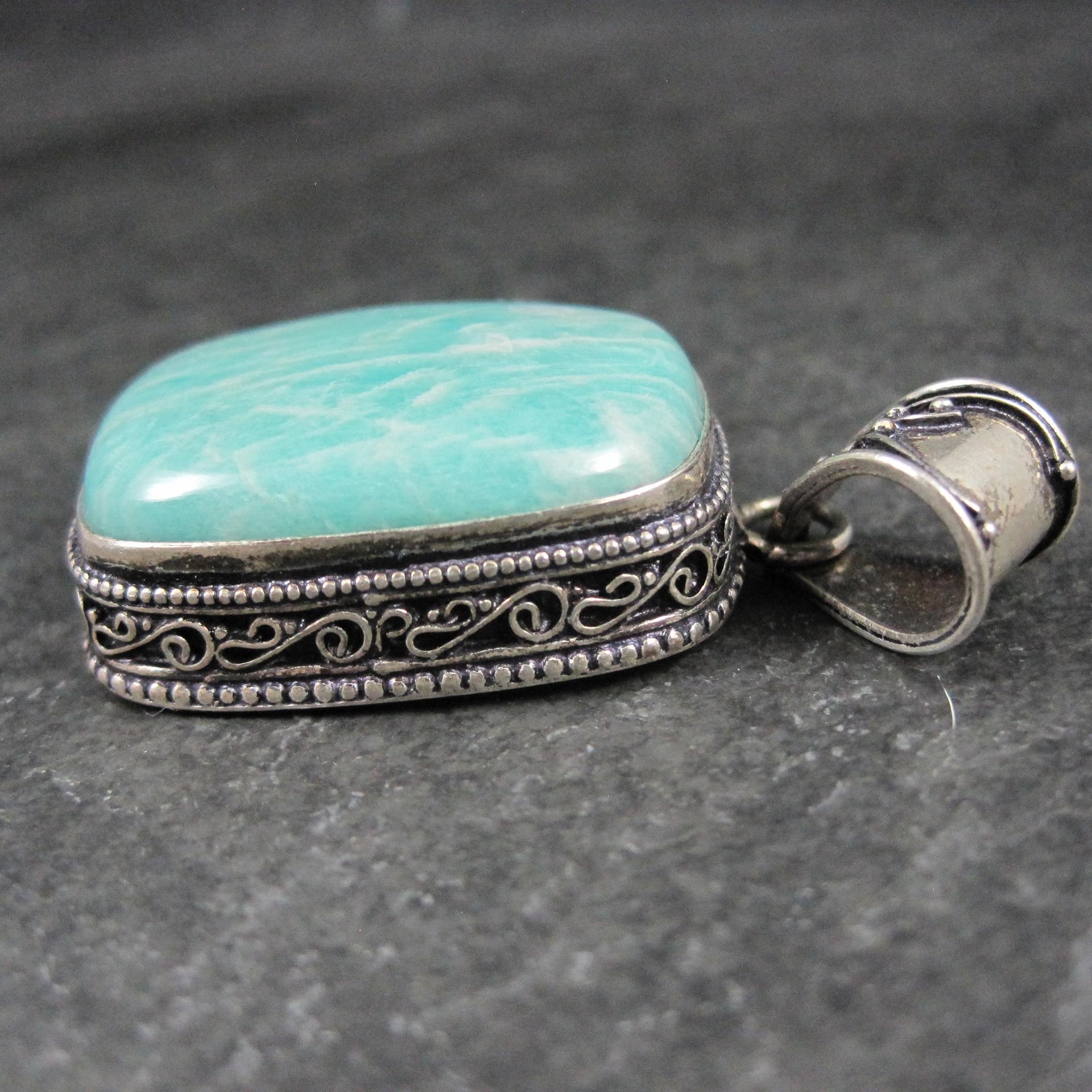 Ornate Amazonite Pendant Sterling Silver Balinese Estate Necklace