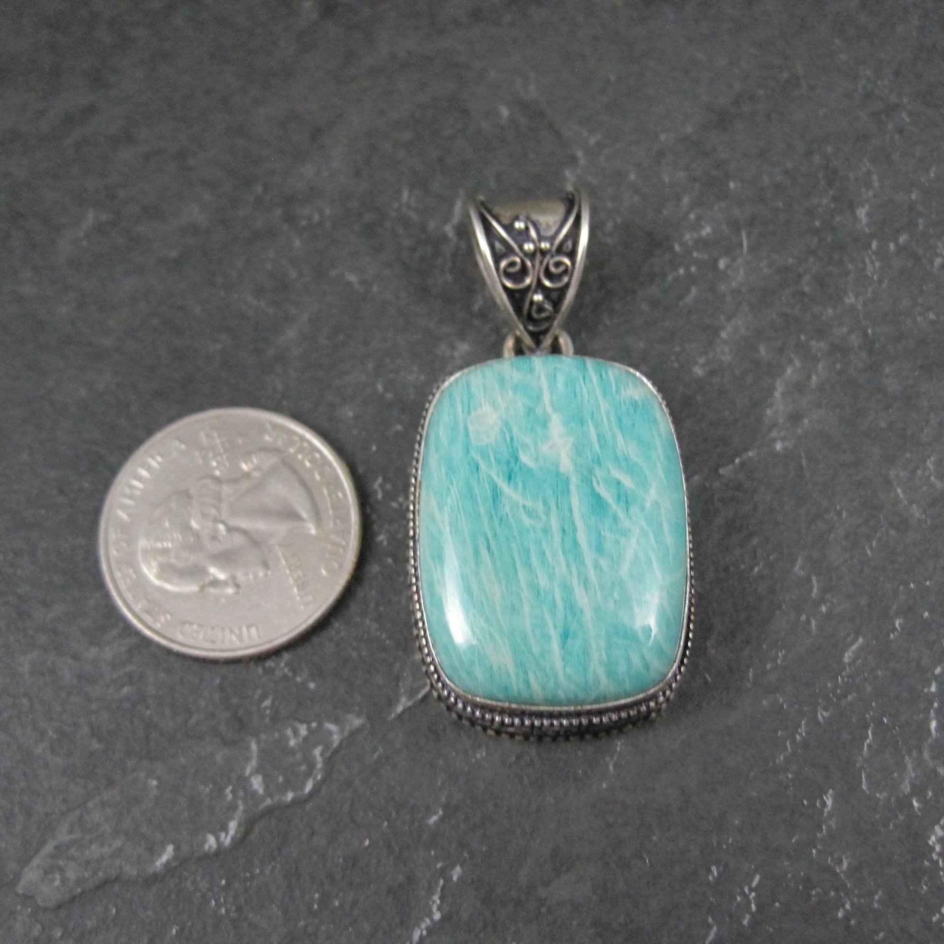 Ornate Amazonite Pendant Sterling Silver Balinese Estate Necklace