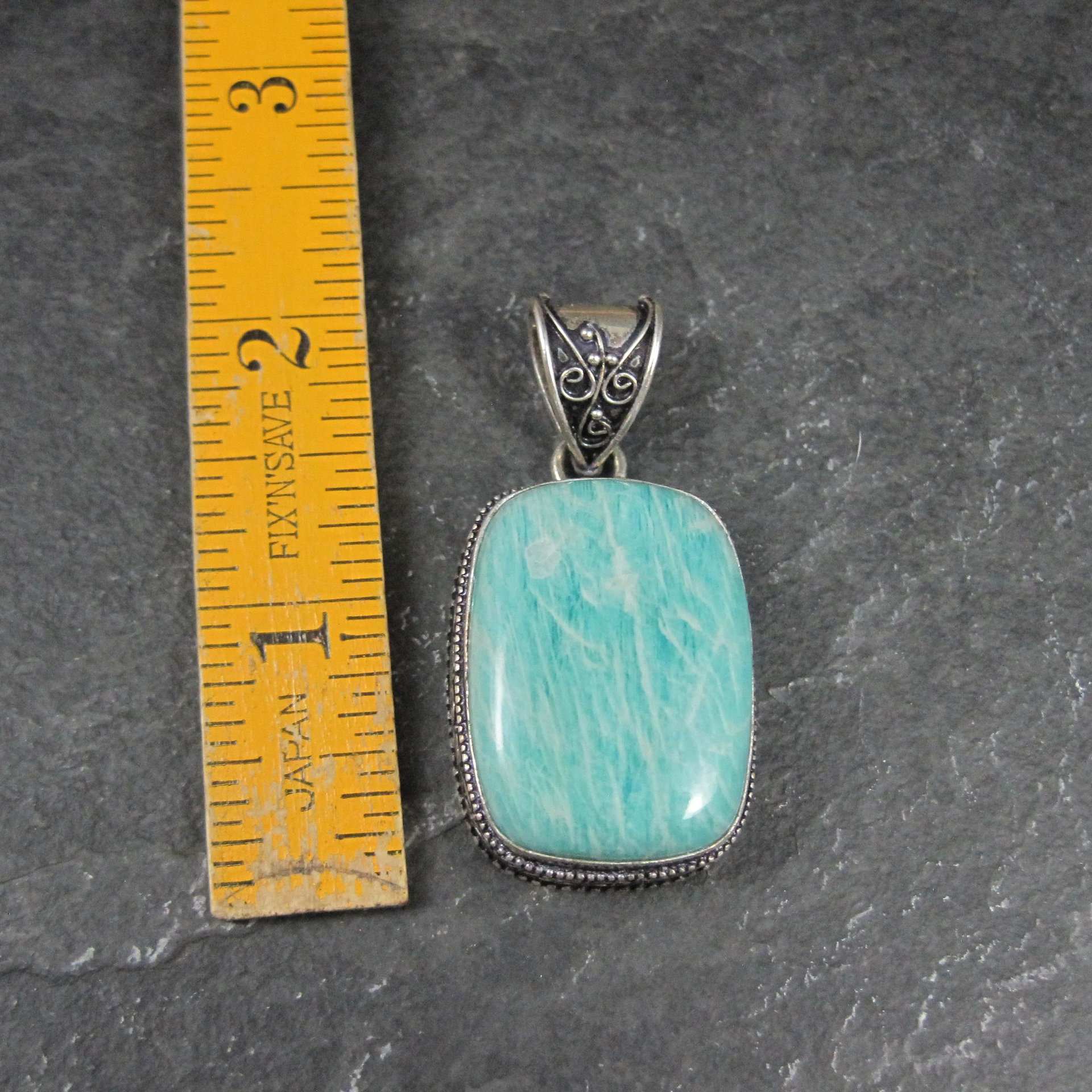 Ornate Amazonite Pendant Sterling Silver Balinese Estate Necklace