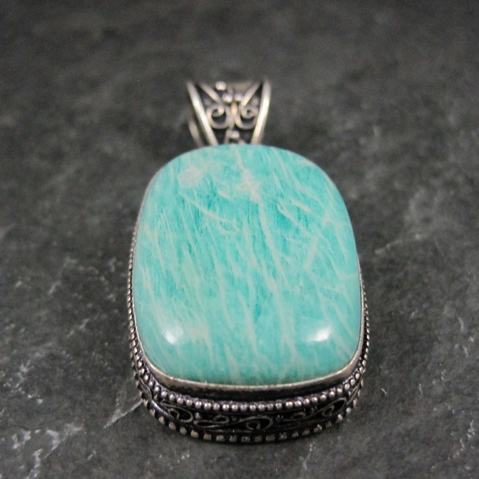Ornate Amazonite Pendant Sterling Silver Balinese Estate Necklace
