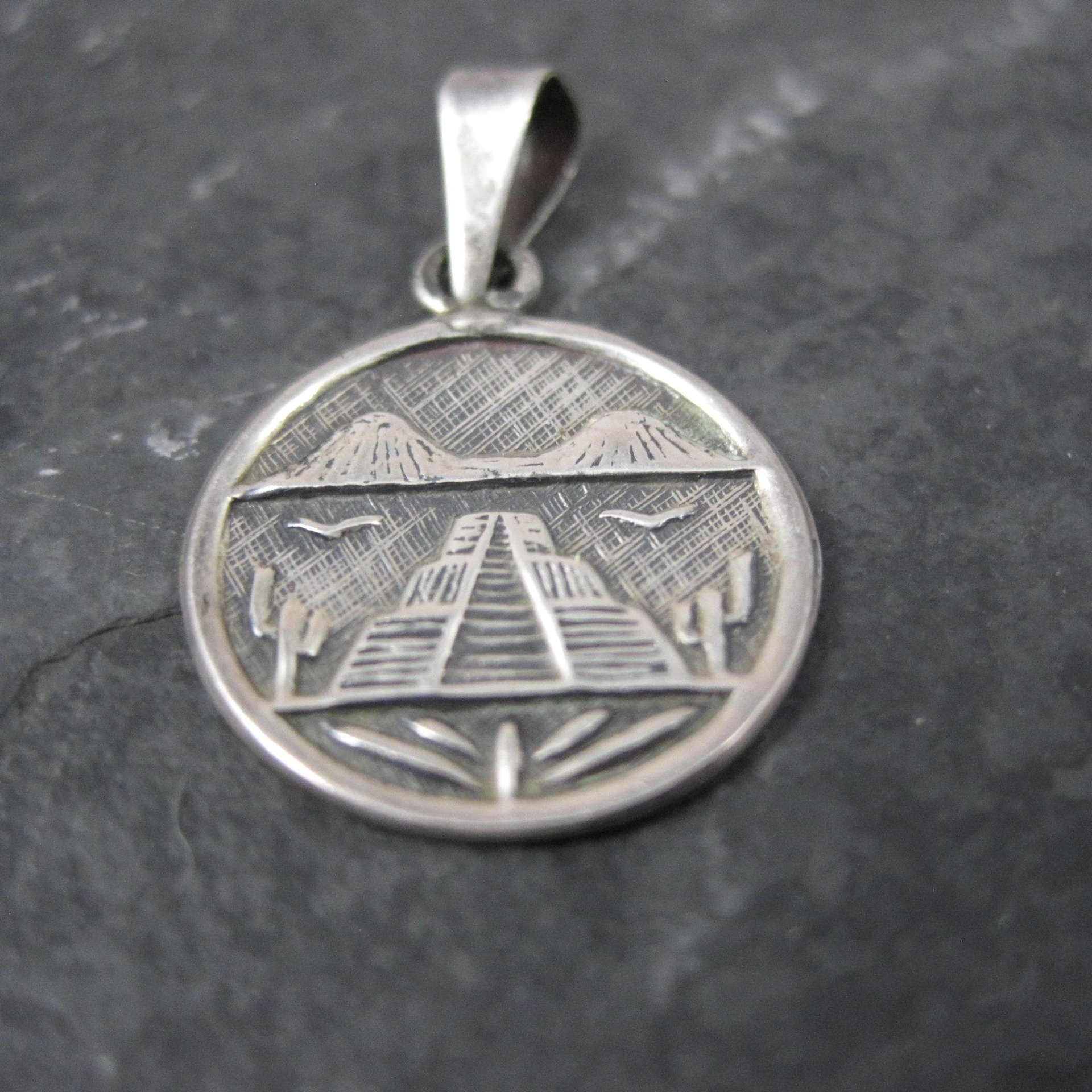 Small Vintage Mayan Temple Pendant Mexican Silver 925 Sterling