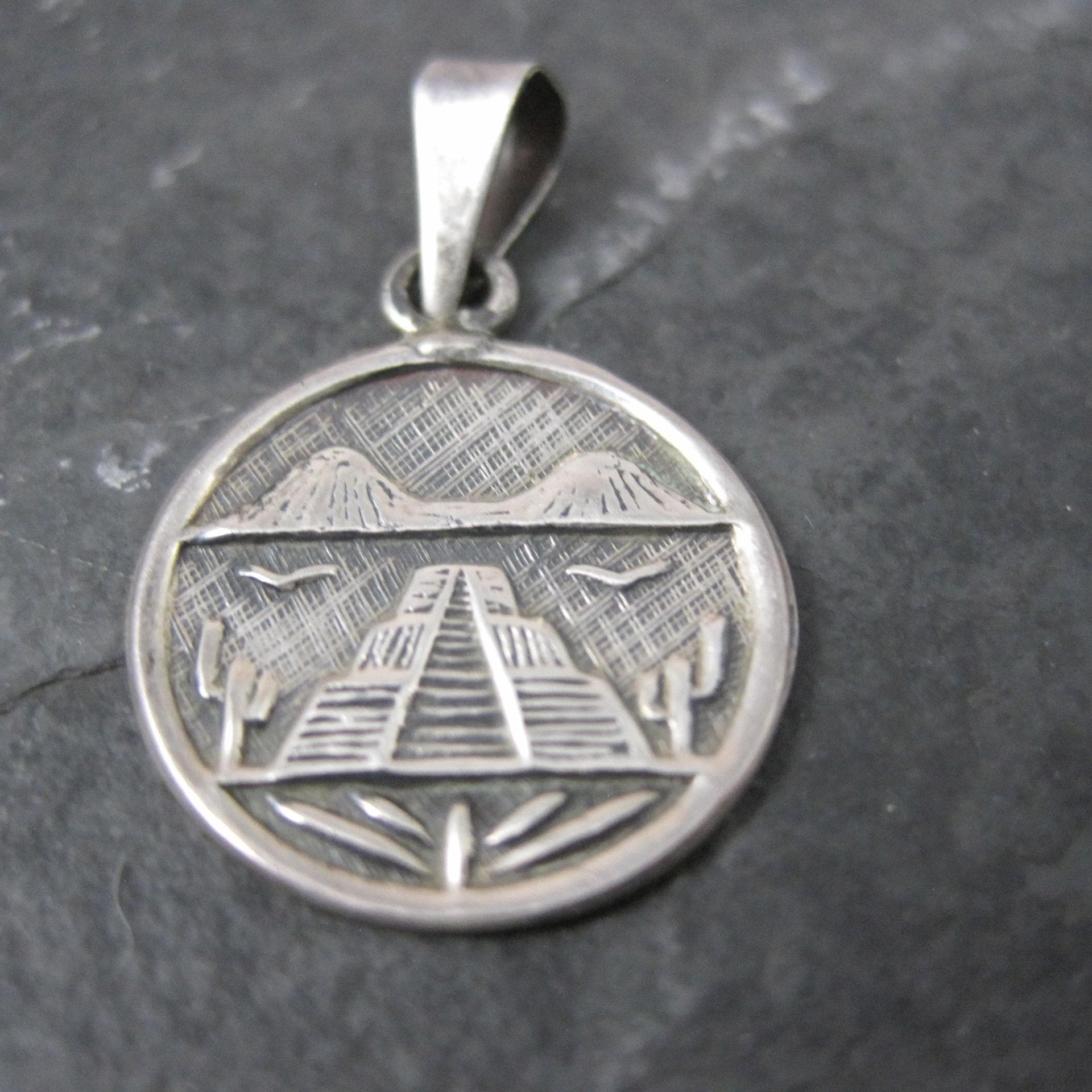 Small Vintage Mayan Temple Pendant Mexican Silver 925 Sterling