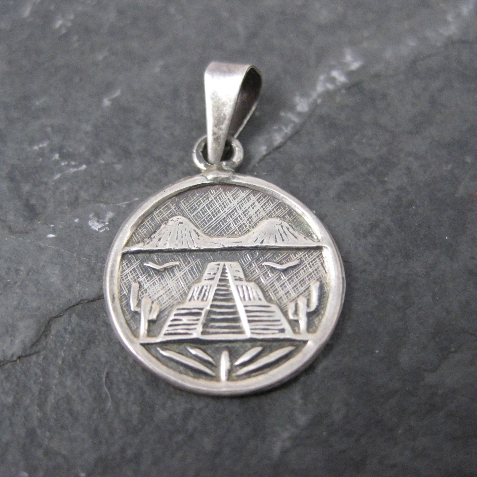 Small Vintage Mayan Temple Pendant Mexican Silver 925 Sterling