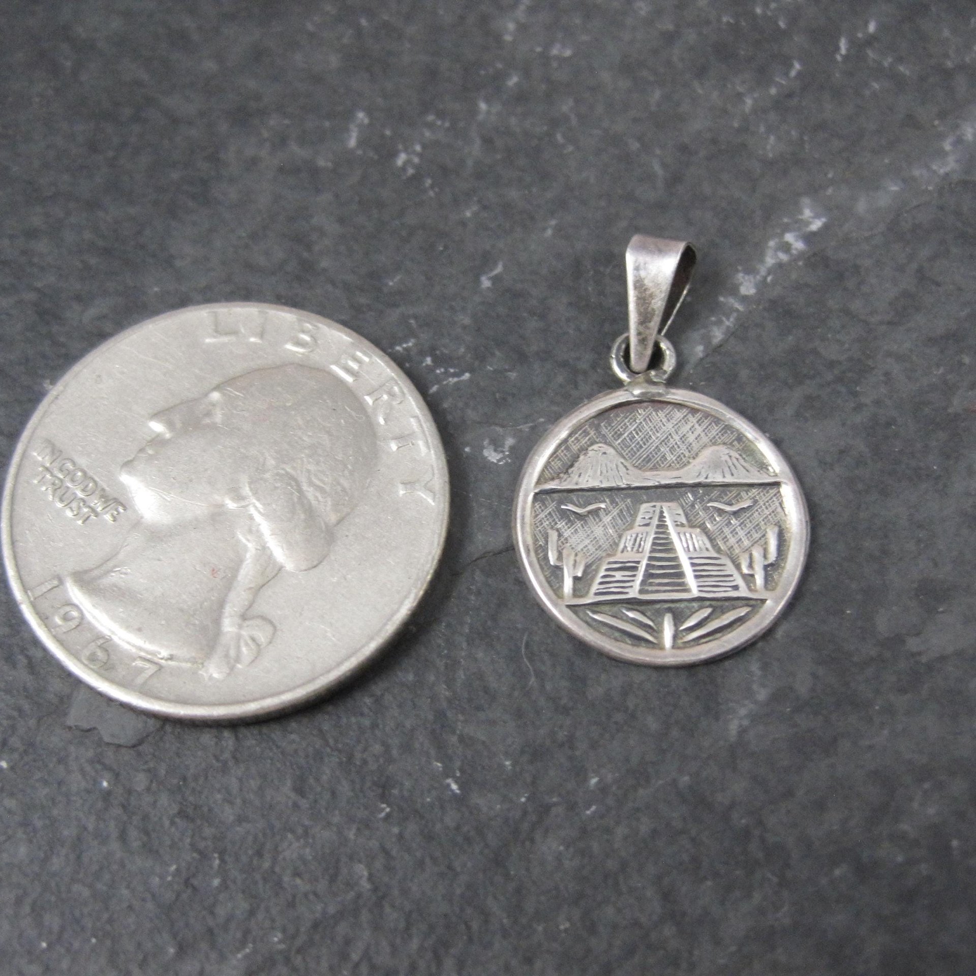 Small Vintage Mayan Temple Pendant Mexican Silver 925 Sterling