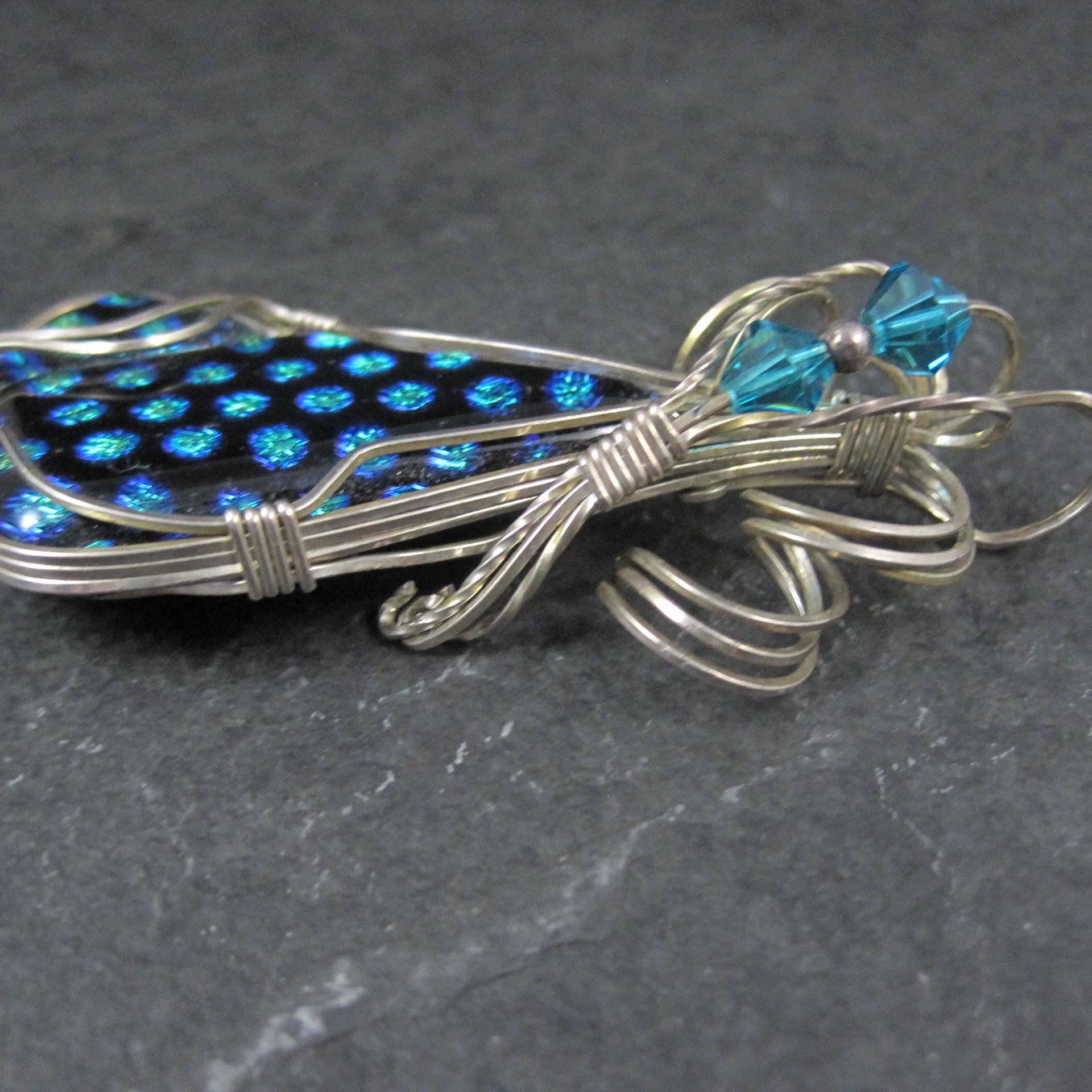 Vintage Wire Wrapped Sterling Dichroic Glass Pendant