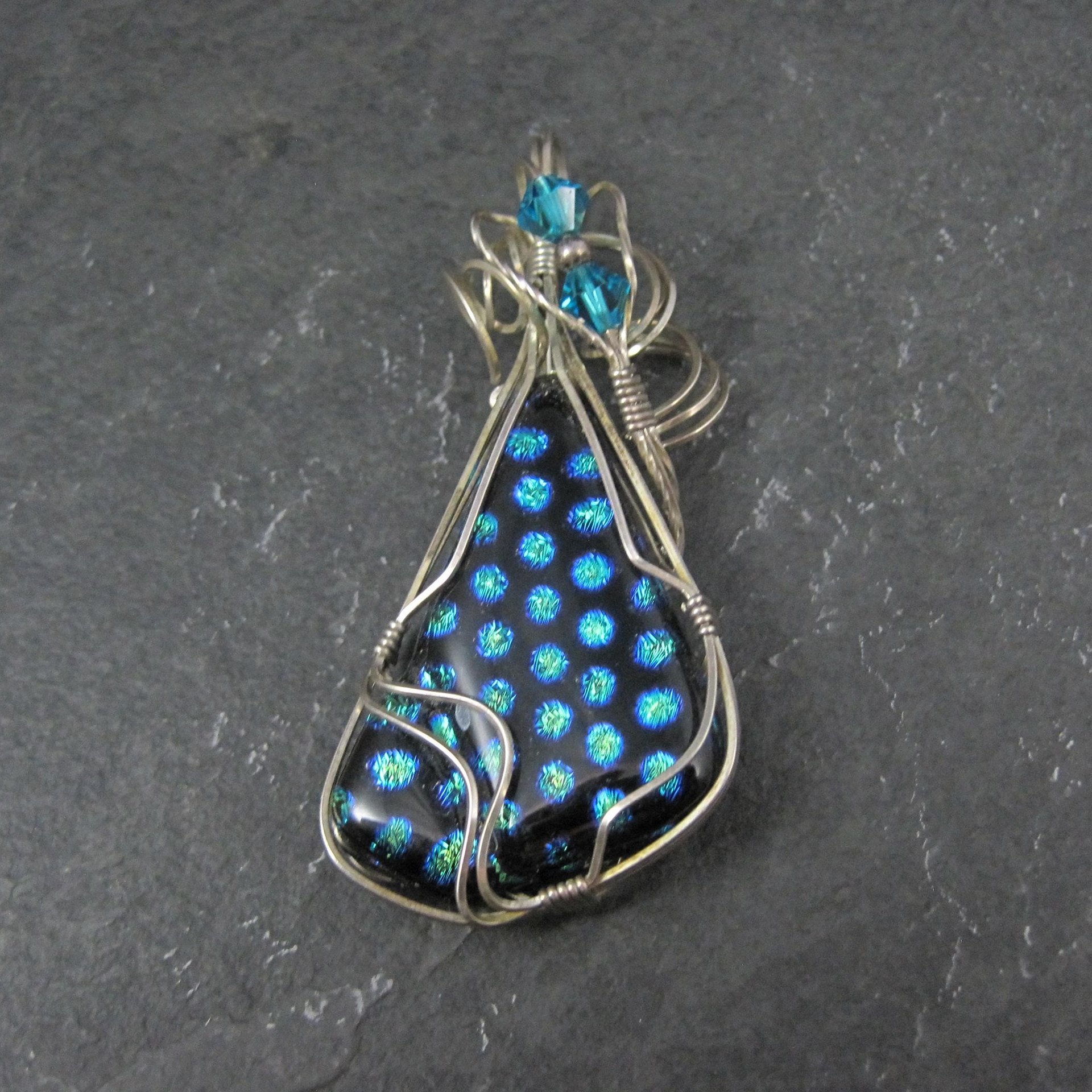 Vintage Wire Wrapped Sterling Dichroic Glass Pendant