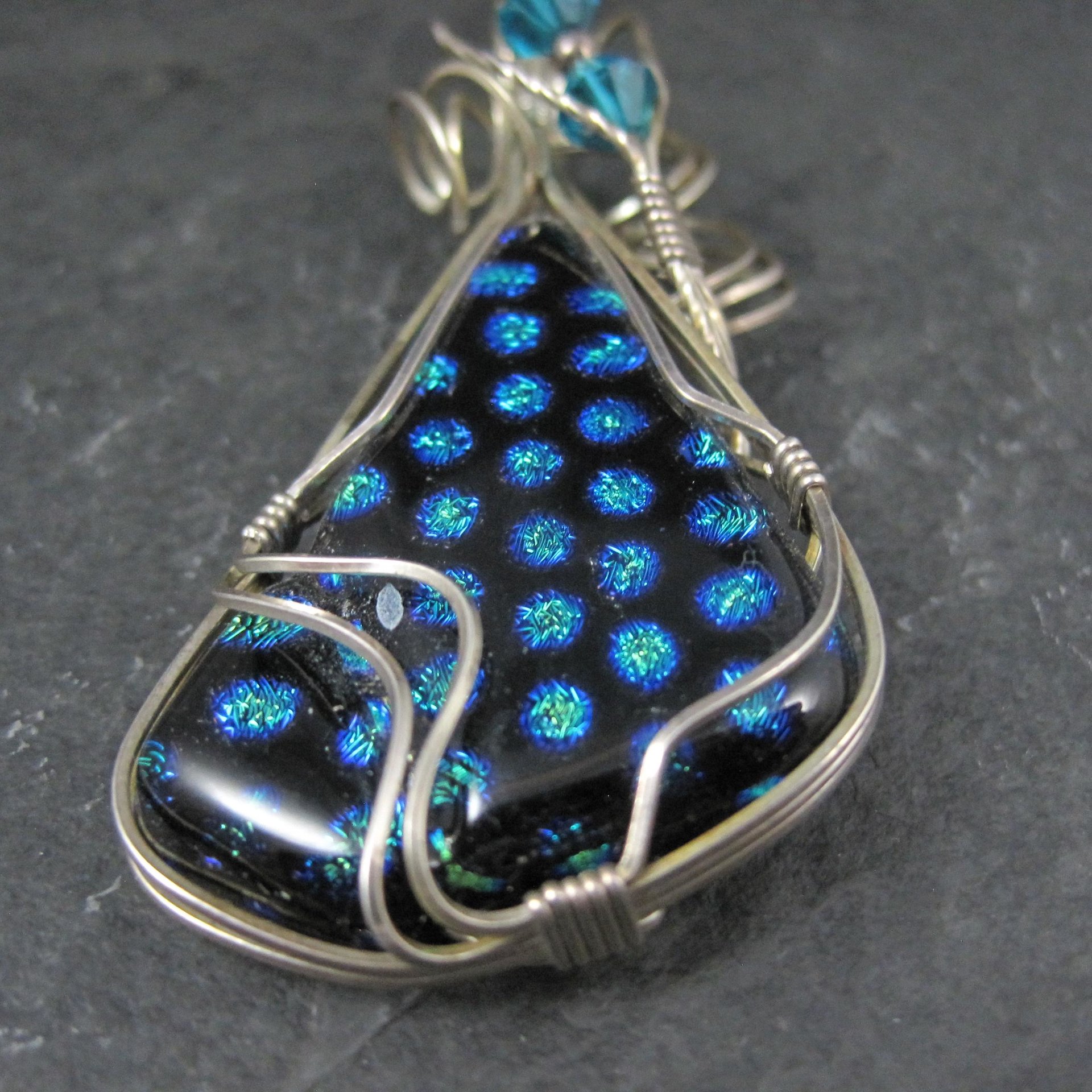 Vintage Wire Wrapped Sterling Dichroic Glass Pendant