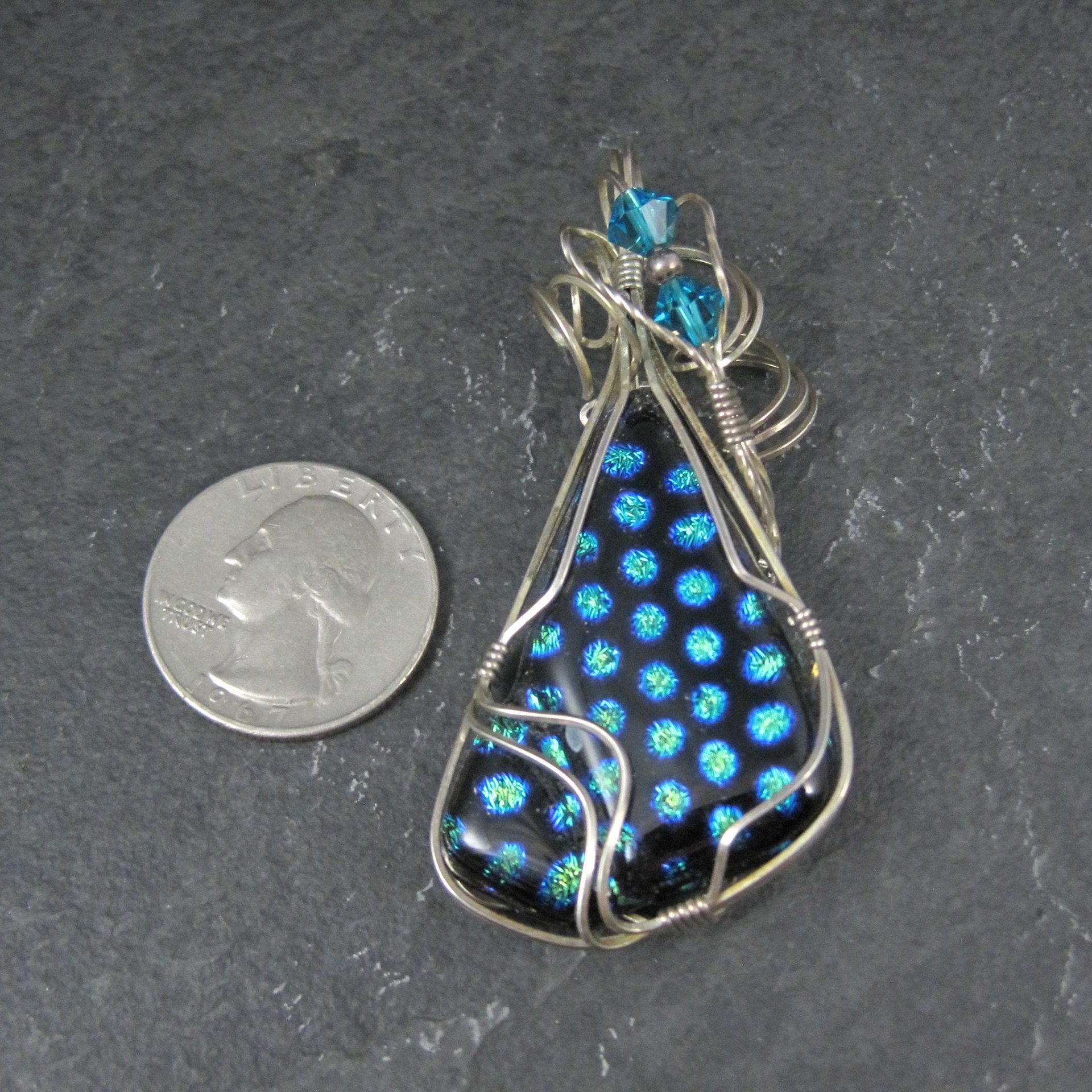 Vintage Wire Wrapped Sterling Dichroic Glass Pendant