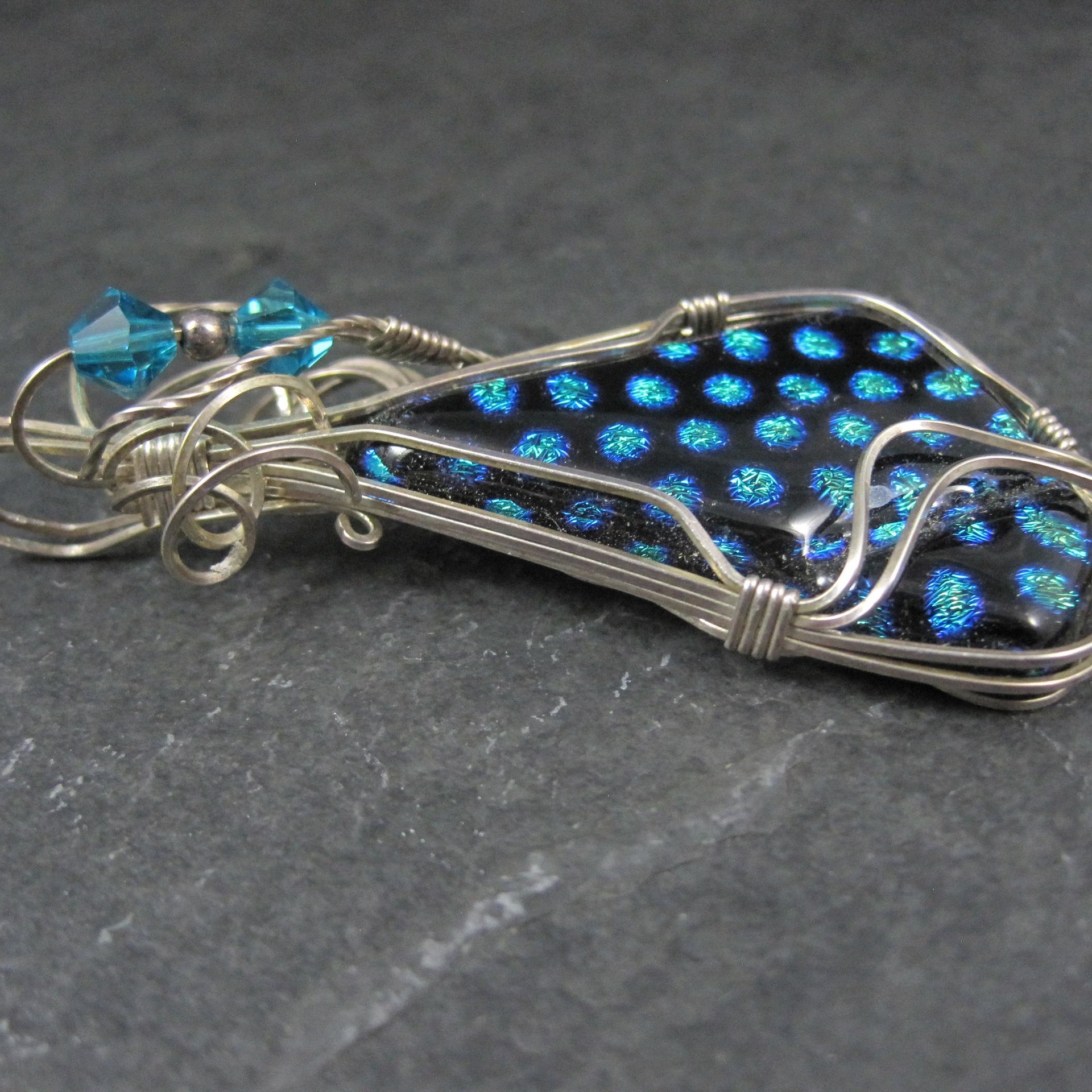Vintage Wire Wrapped Sterling Dichroic Glass Pendant