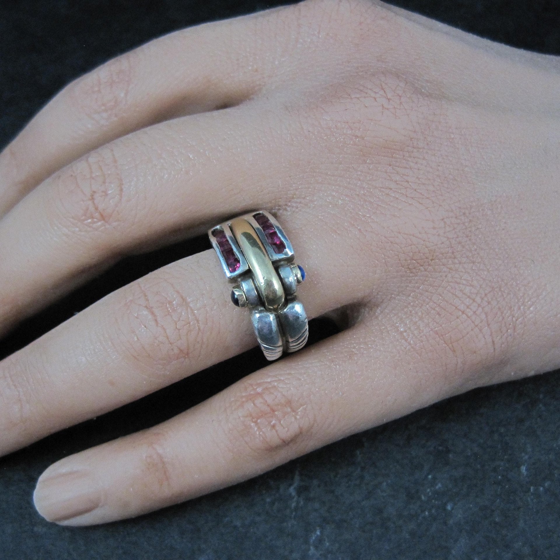Vintage Ruby and Sapphire Ring Size 7 Sterling Silver and 18K Yellow Gold Estate Jewelry