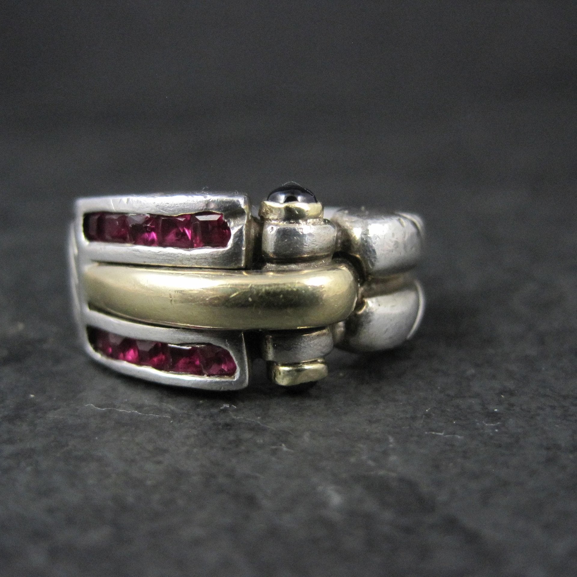 Vintage Ruby and Sapphire Ring Size 7 Sterling Silver and 18K Yellow Gold Estate Jewelry