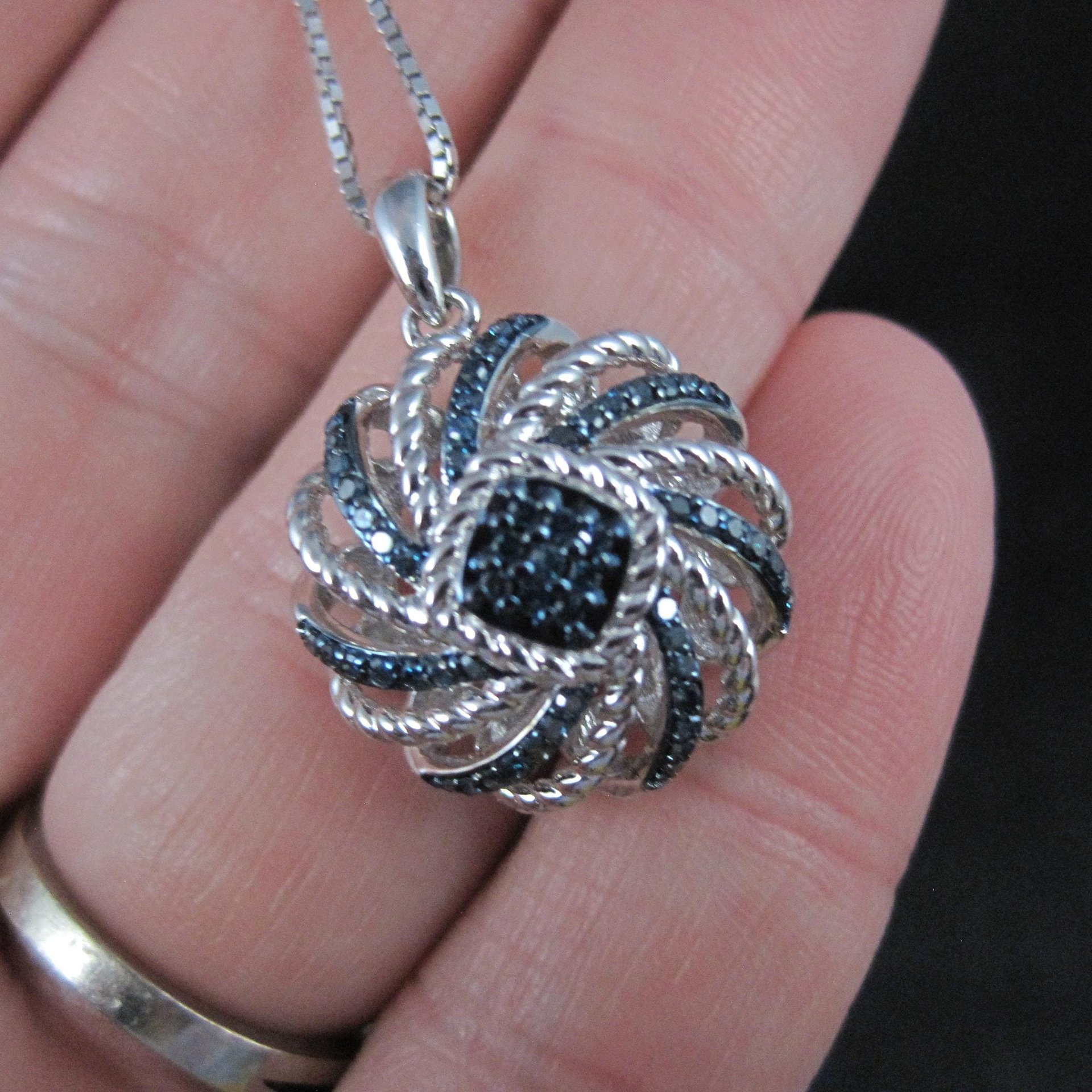 Estate Blue Diamond Pendant Necklace Sterling Silver .25 Ctw