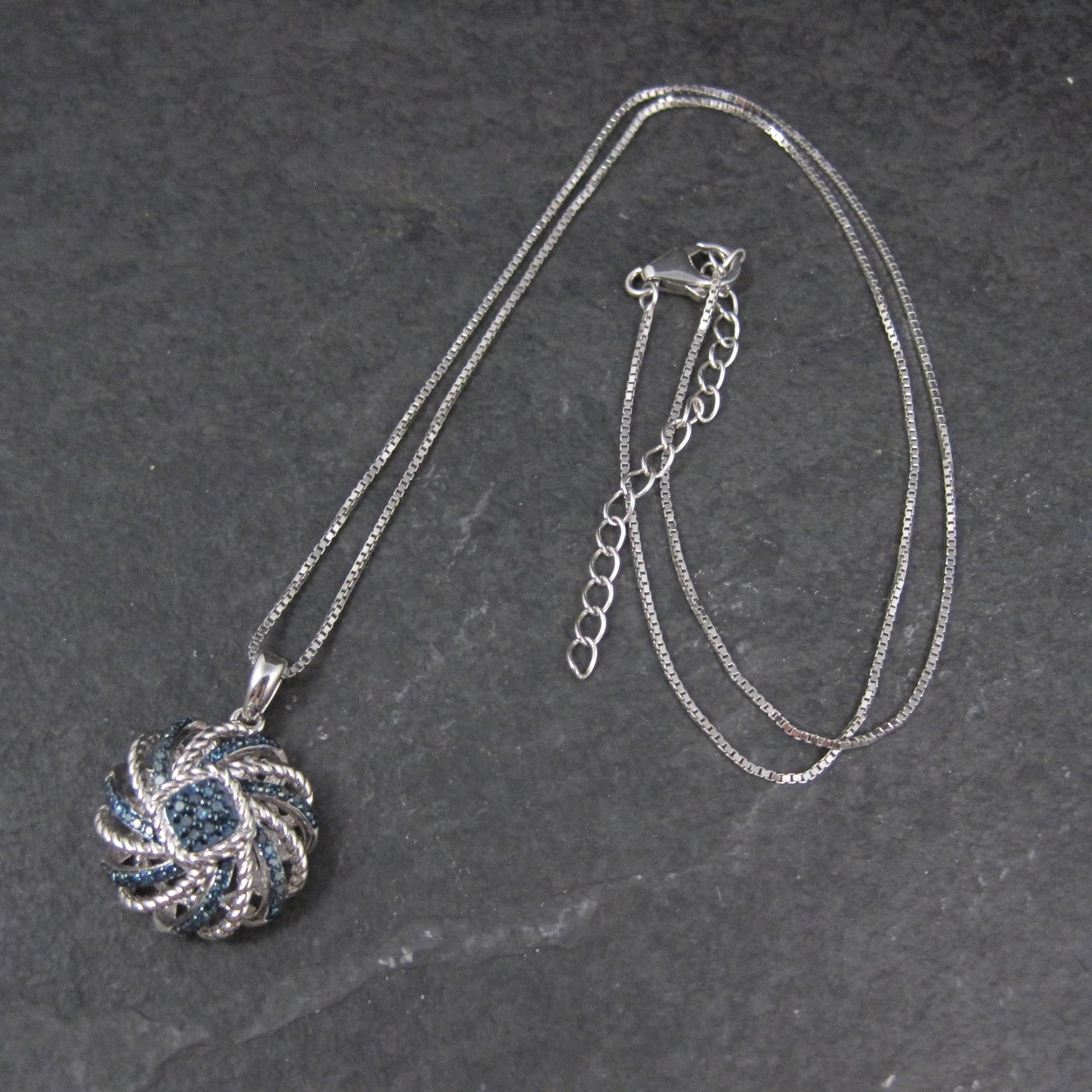 Estate Blue Diamond Pendant Necklace Sterling Silver .25 Ctw