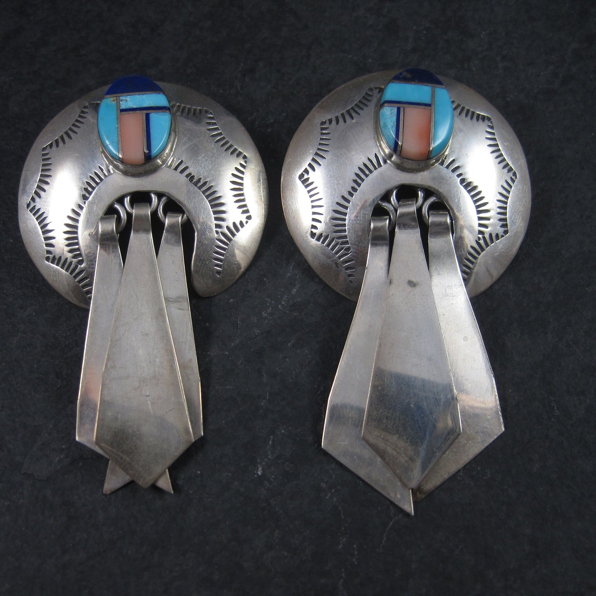 Large Southwestern Sterling Inlay Earrings Turquoise Lapis Spiny Oyster