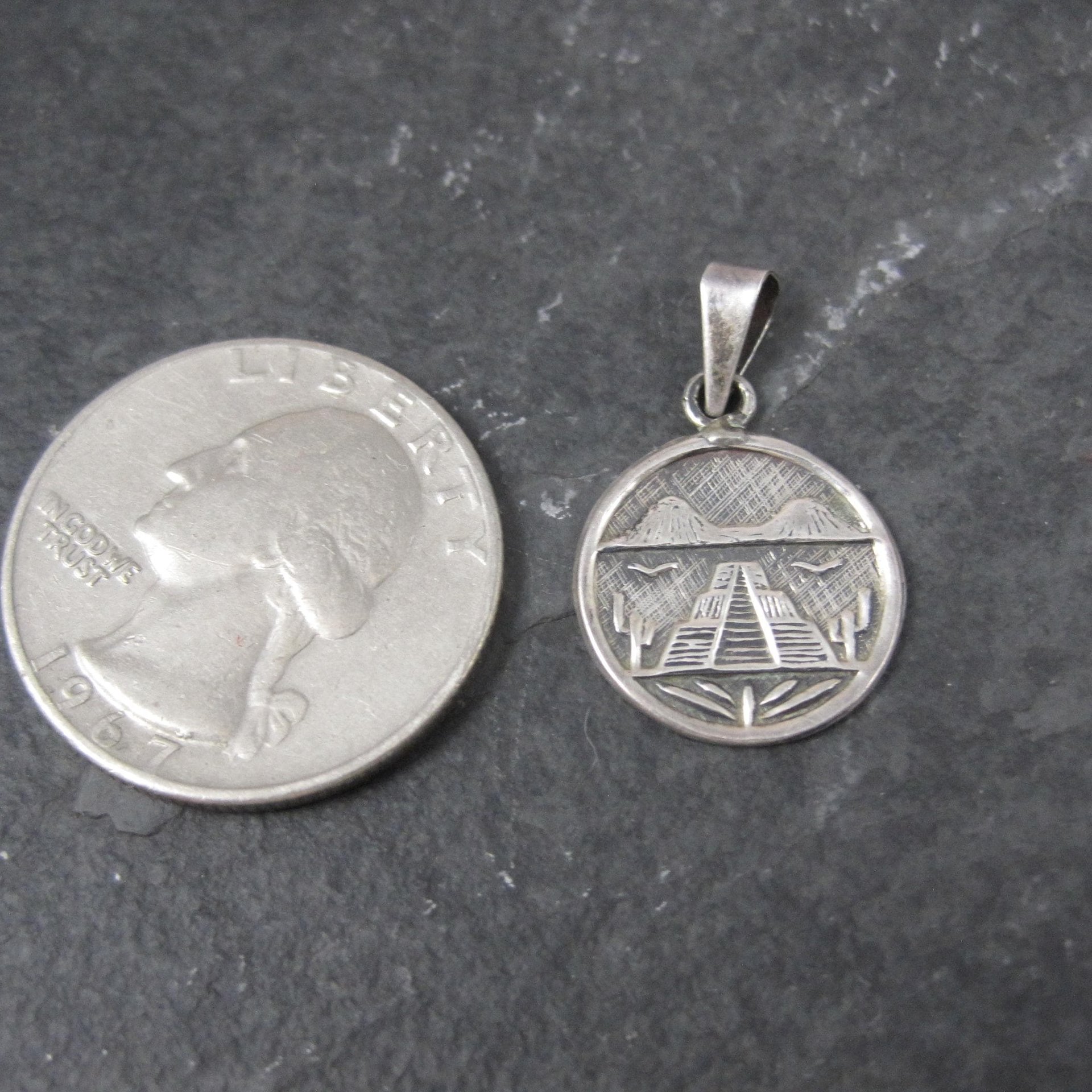 Small Vintage Mayan Temple Pendant Mexican Silver 925 Sterling