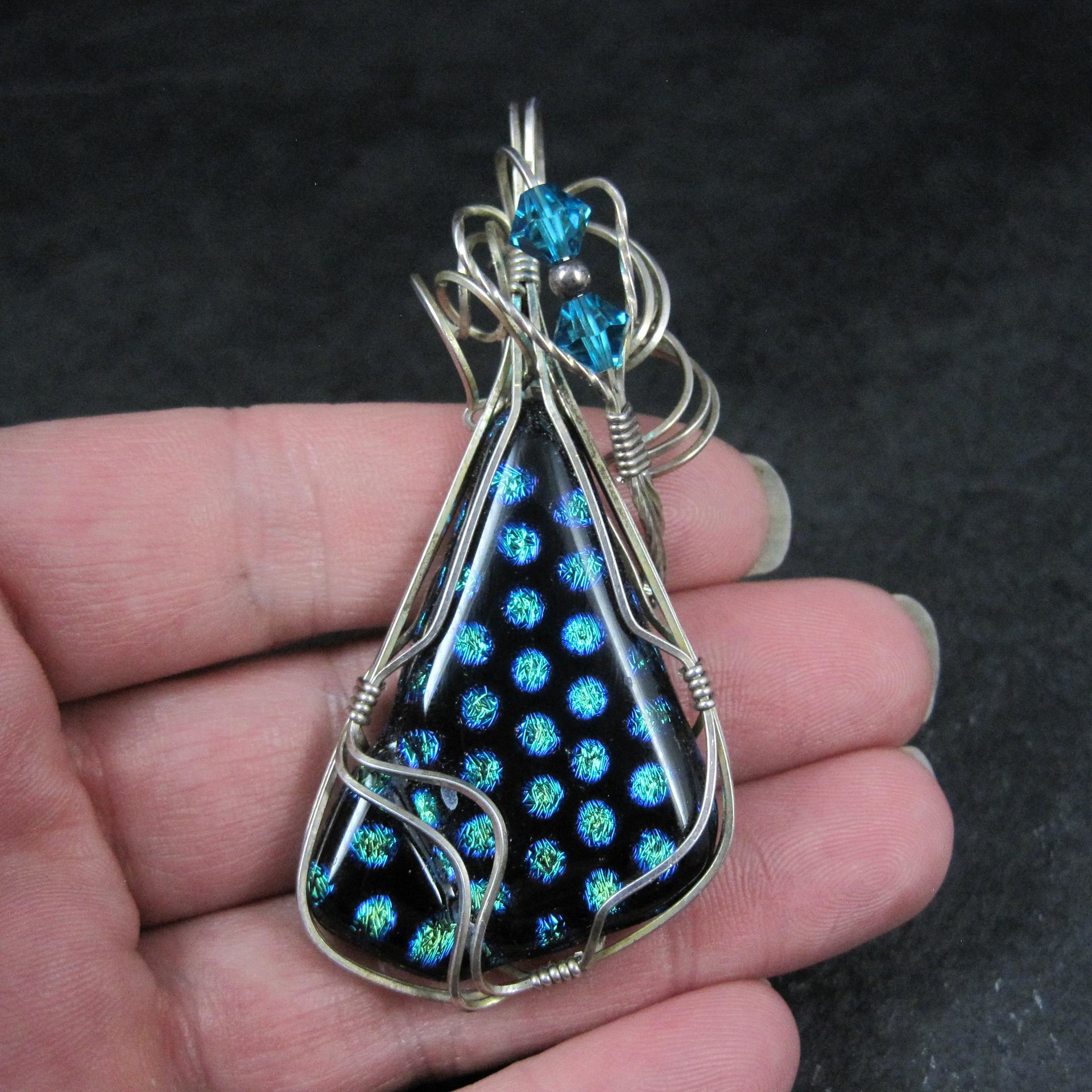 Vintage Wire Wrapped Sterling Dichroic Glass Pendant