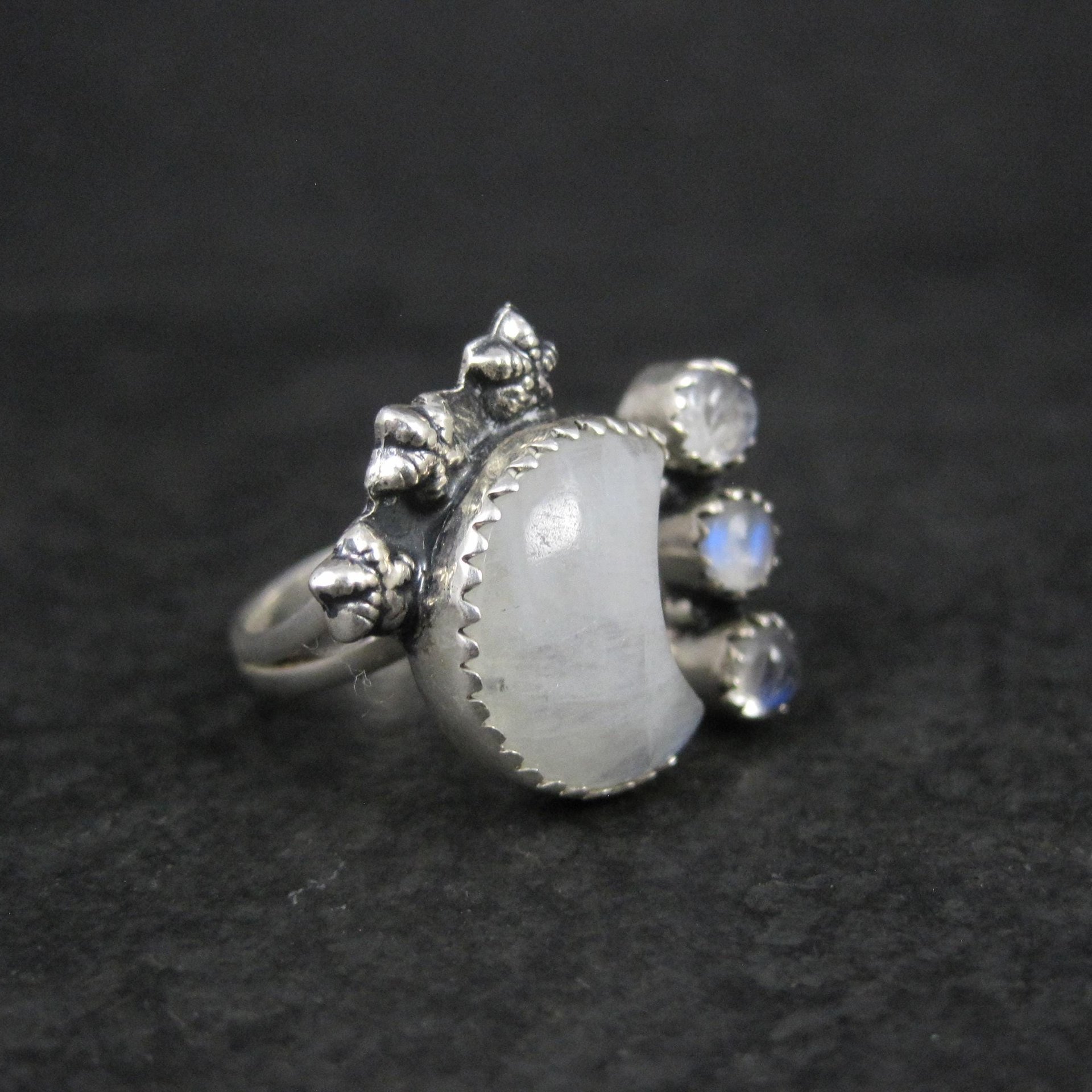 Rainbow Moonstone Crescent Moon Stars Ring Sterling Silver Adjustable