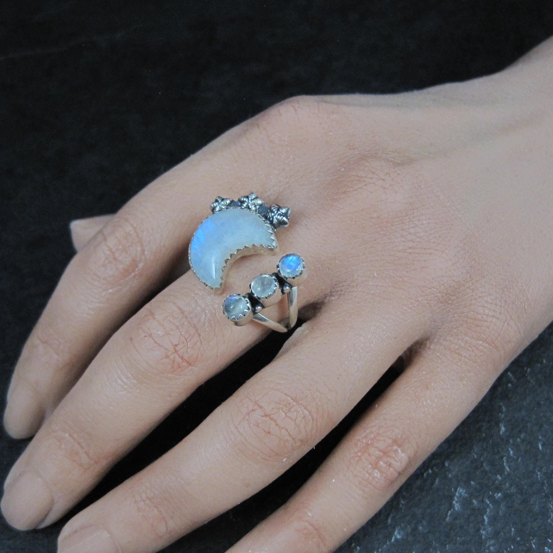 Rainbow Moonstone Crescent Moon Stars Ring Sterling Silver Adjustable