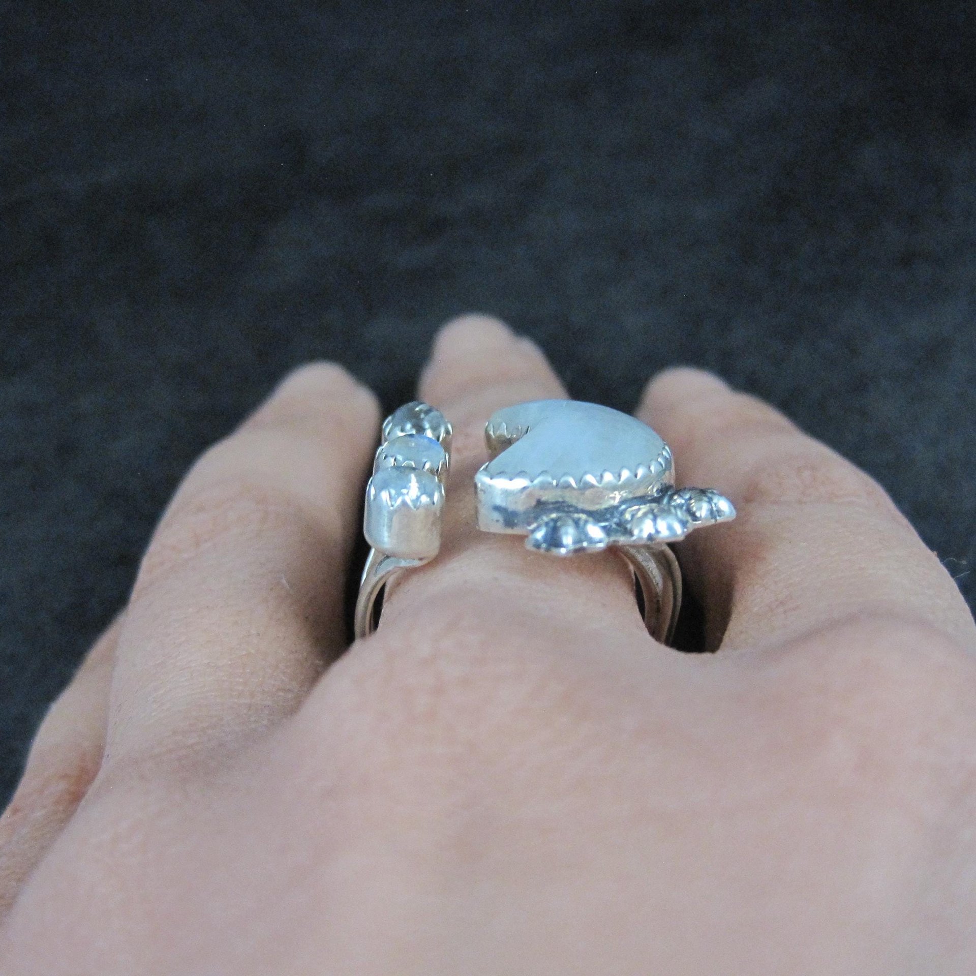 Rainbow Moonstone Crescent Moon Stars Ring Sterling Silver Adjustable