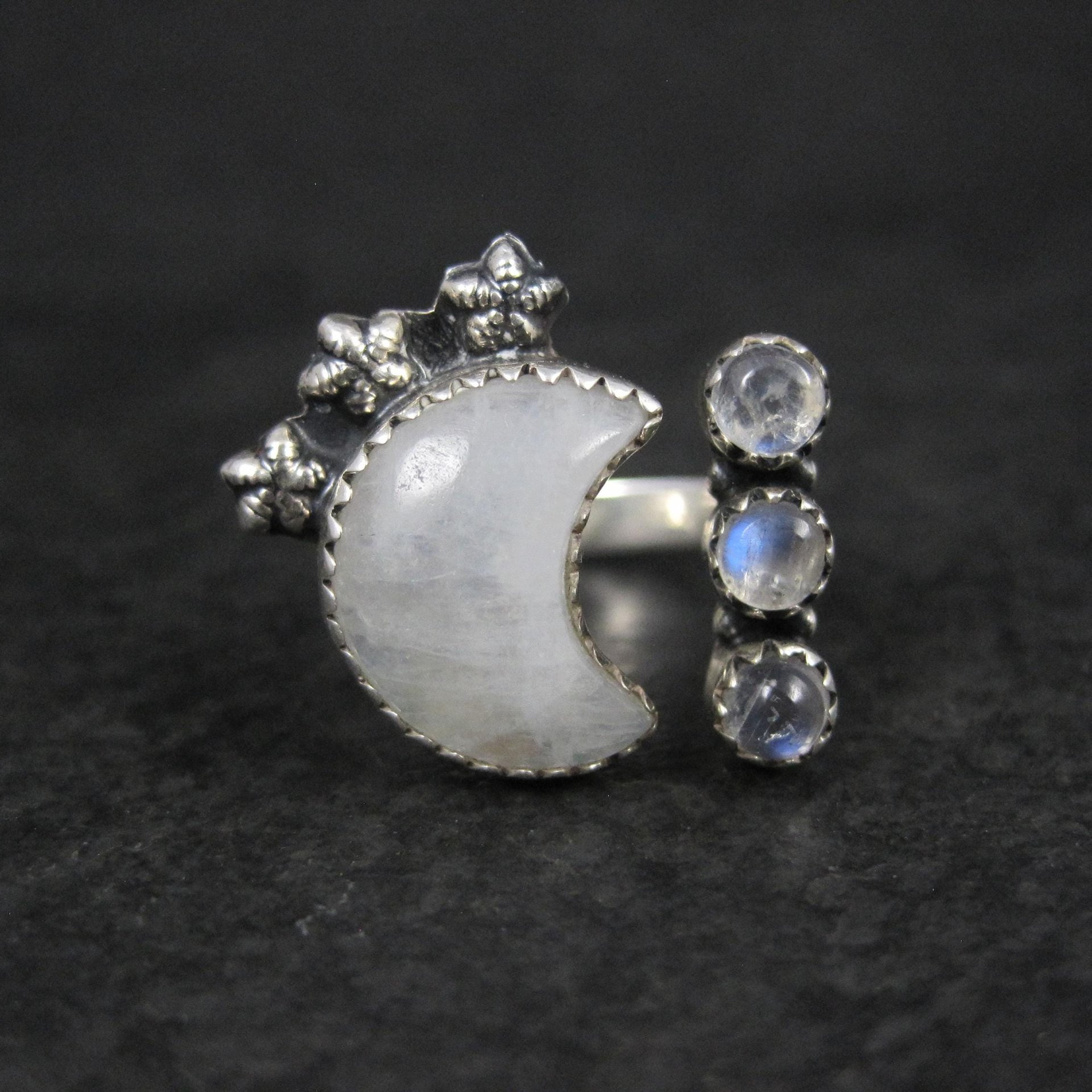 Rainbow Moonstone Crescent Moon Stars Ring Sterling Silver Adjustable