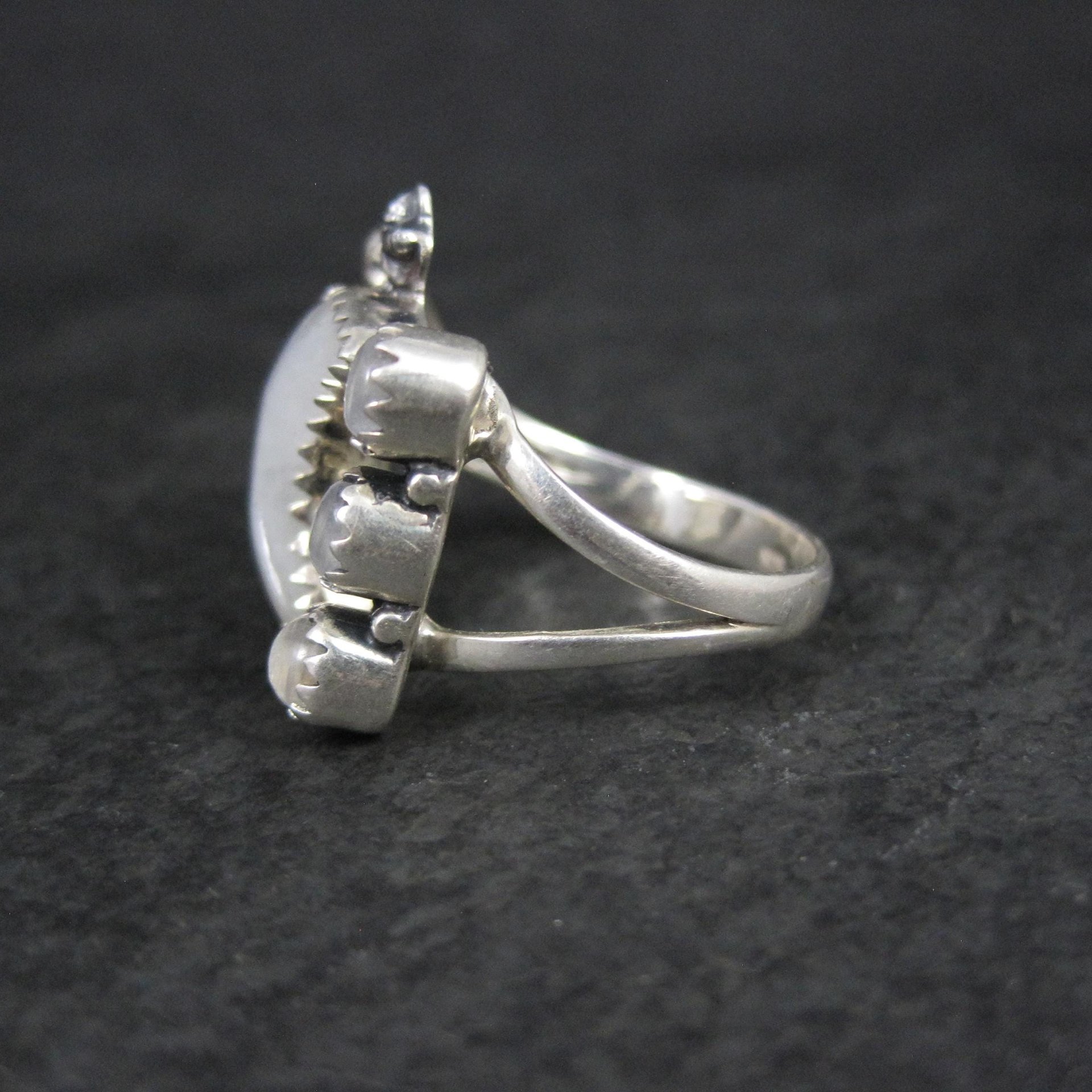Rainbow Moonstone Crescent Moon Stars Ring Sterling Silver Adjustable