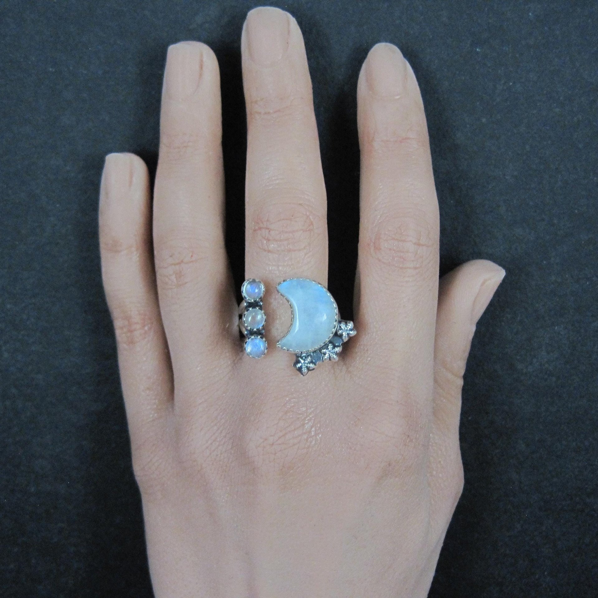 Rainbow Moonstone Crescent Moon Stars Ring Sterling Silver Adjustable