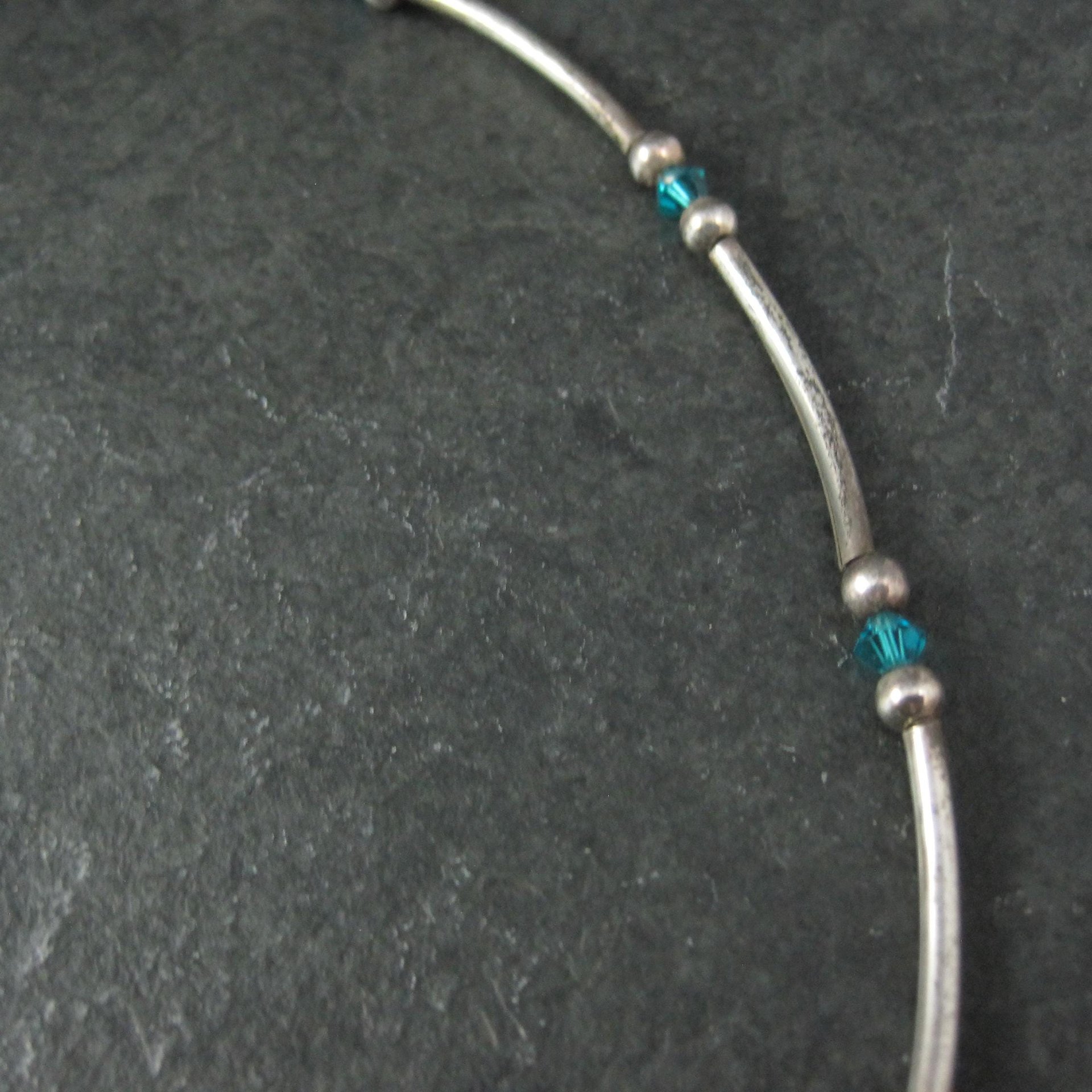 Blue Dichroic Glass and Crystal Bead Necklace Sterling Silver 19"