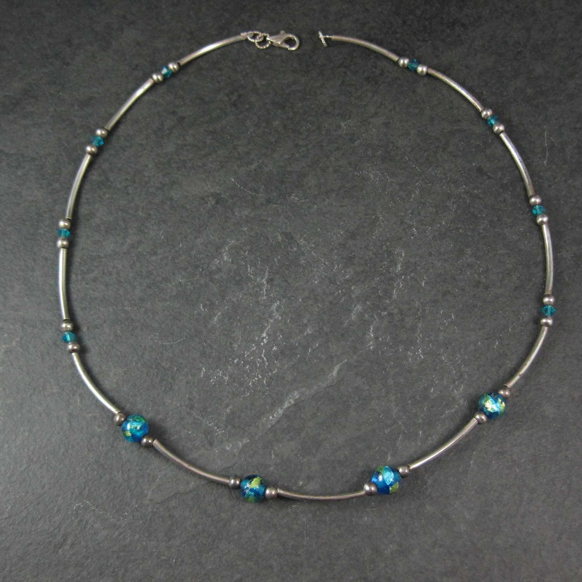Blue Dichroic Glass and Crystal Bead Necklace Sterling Silver 19"