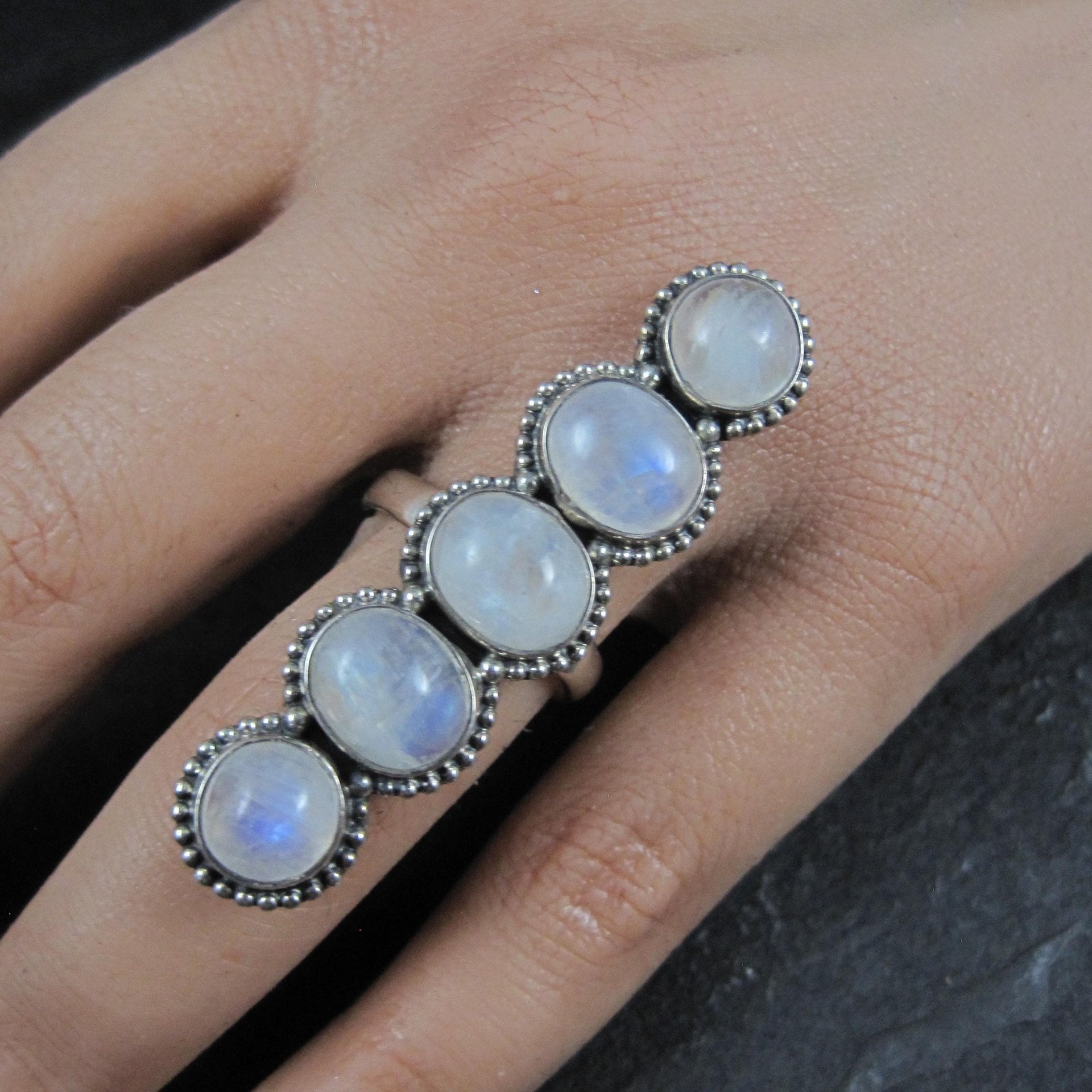 Long Rainbow Moonstone Ring 925 Sterling Silver Adjustable Size 8