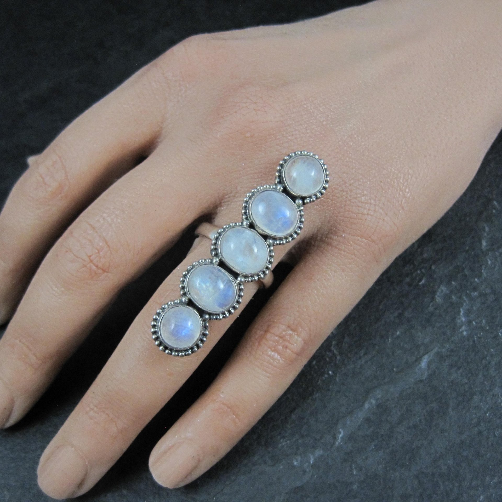 Long Rainbow Moonstone Ring 925 Sterling Silver Adjustable Size 8