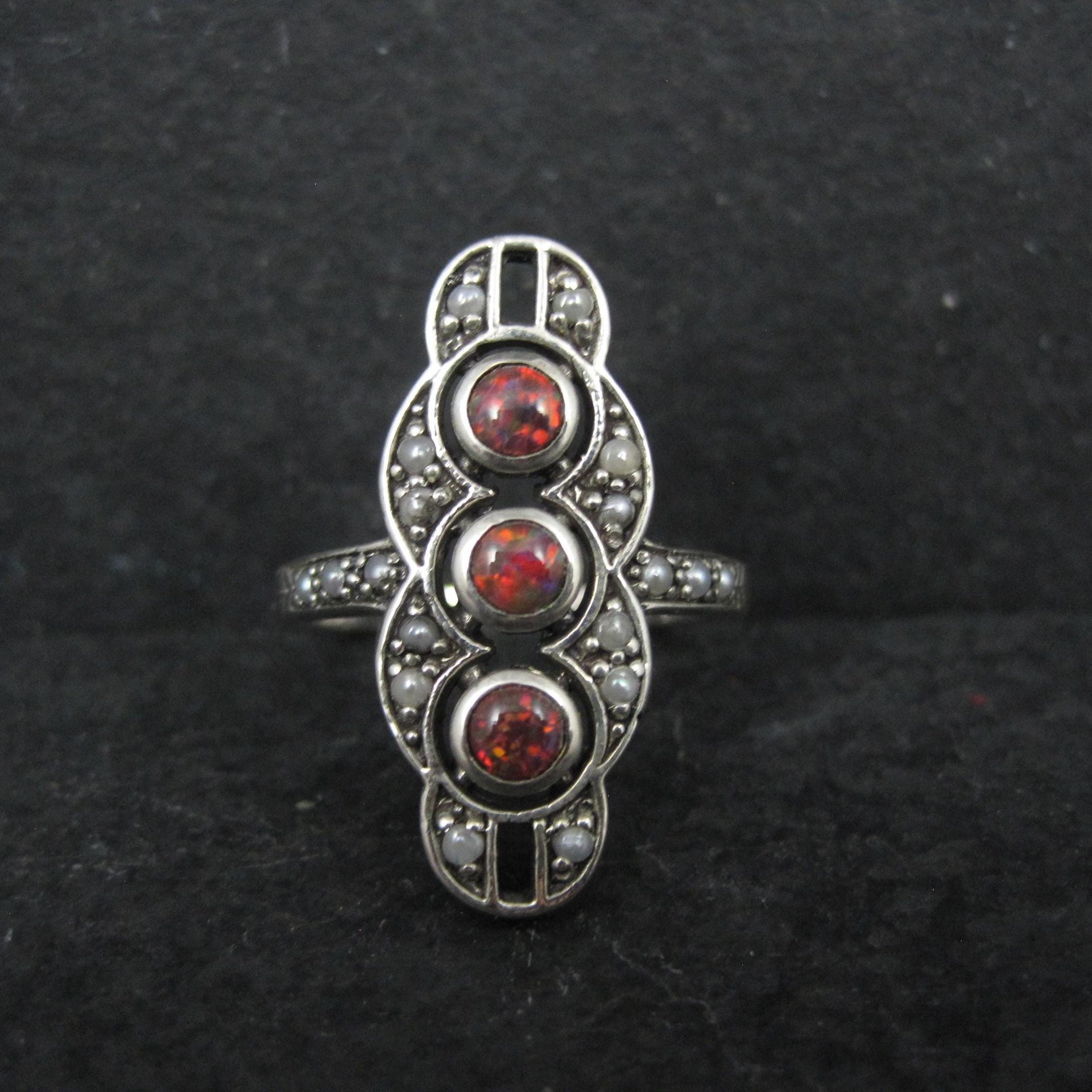 Estate Art Deco Sterling Opal Seed Pearl Ring Size 8