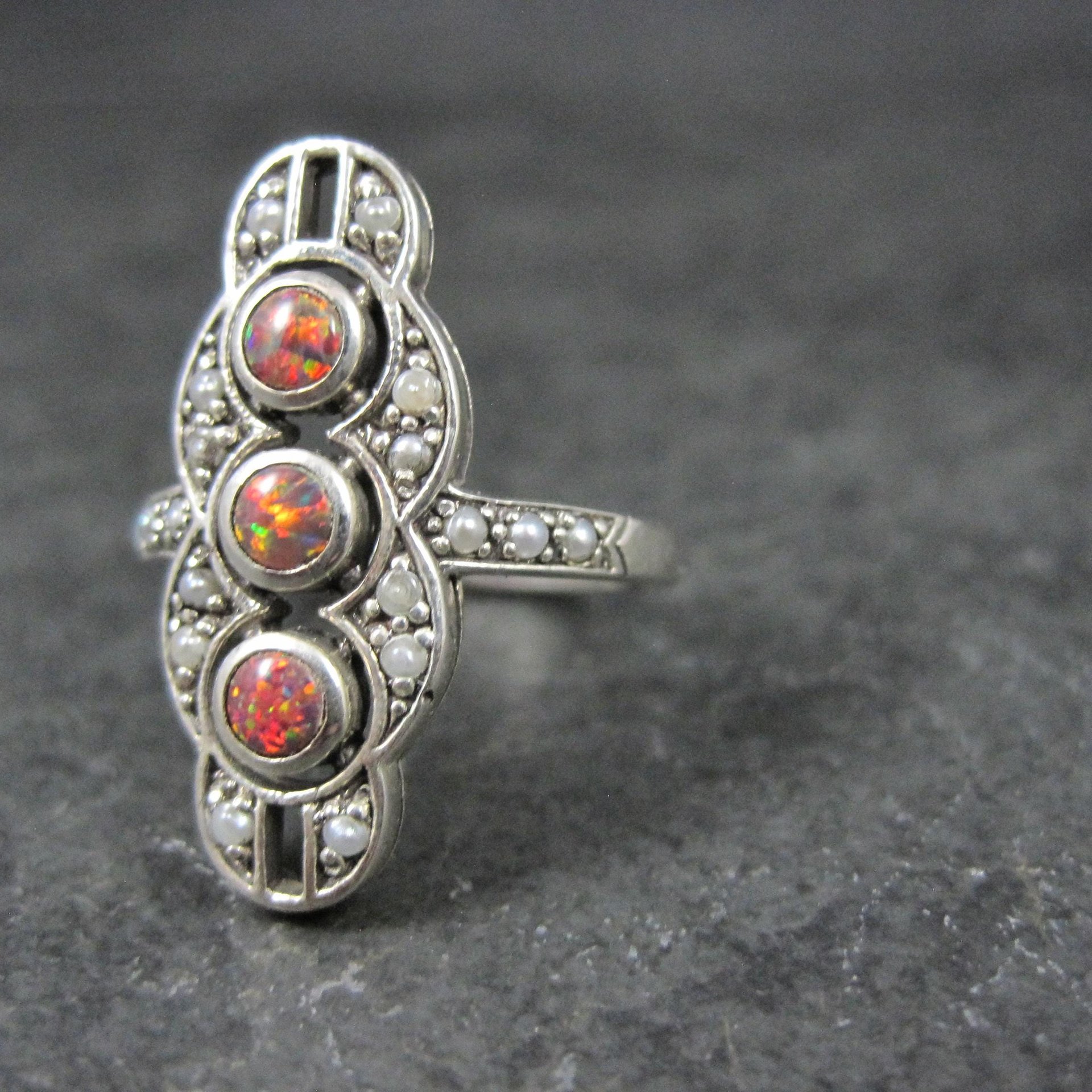 Estate Art Deco Sterling Opal Seed Pearl Ring Size 8