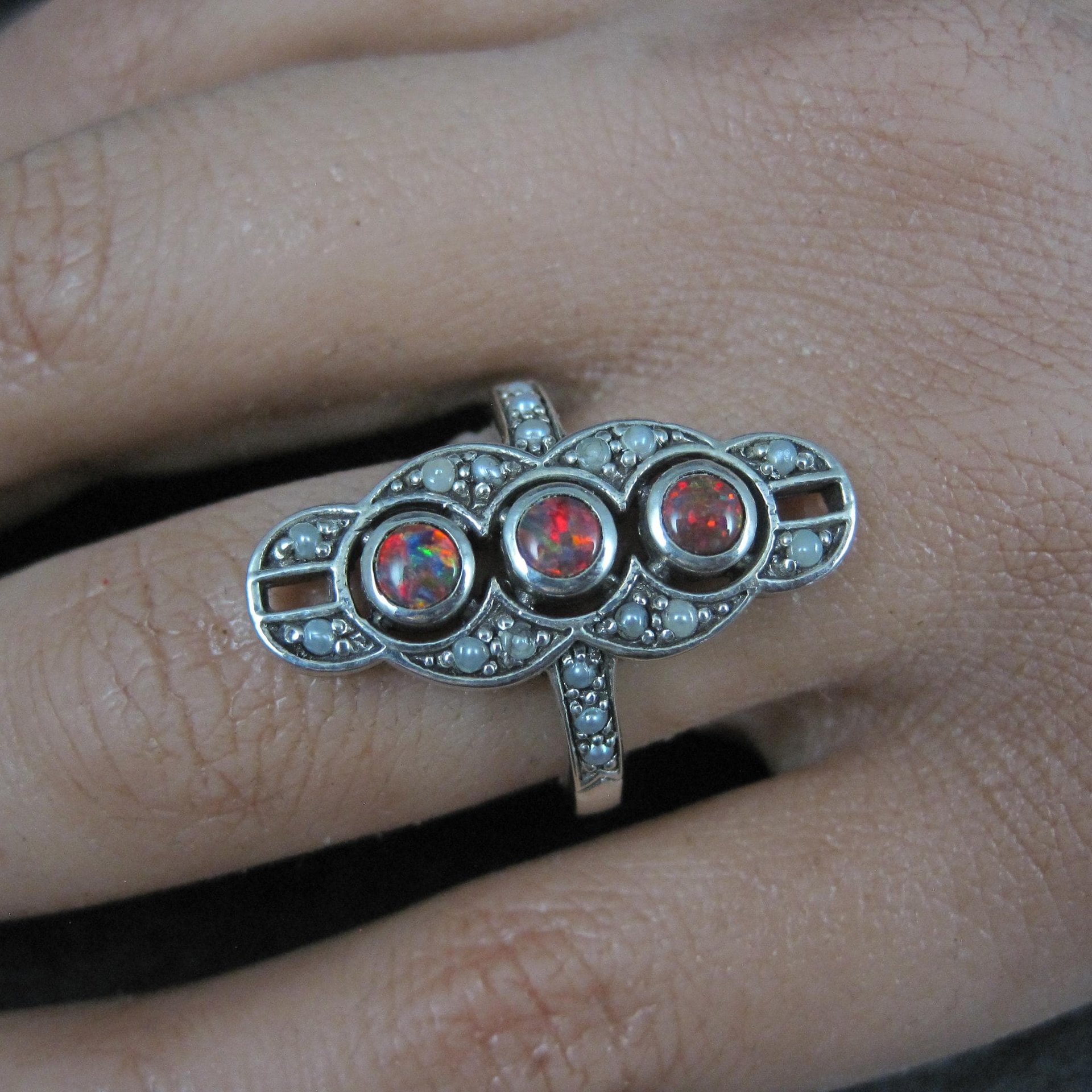 Estate Art Deco Sterling Opal Seed Pearl Ring Size 8