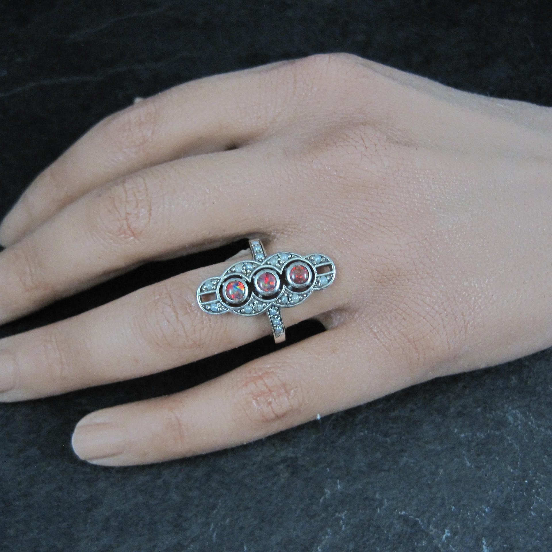 Estate Art Deco Sterling Opal Seed Pearl Ring Size 8
