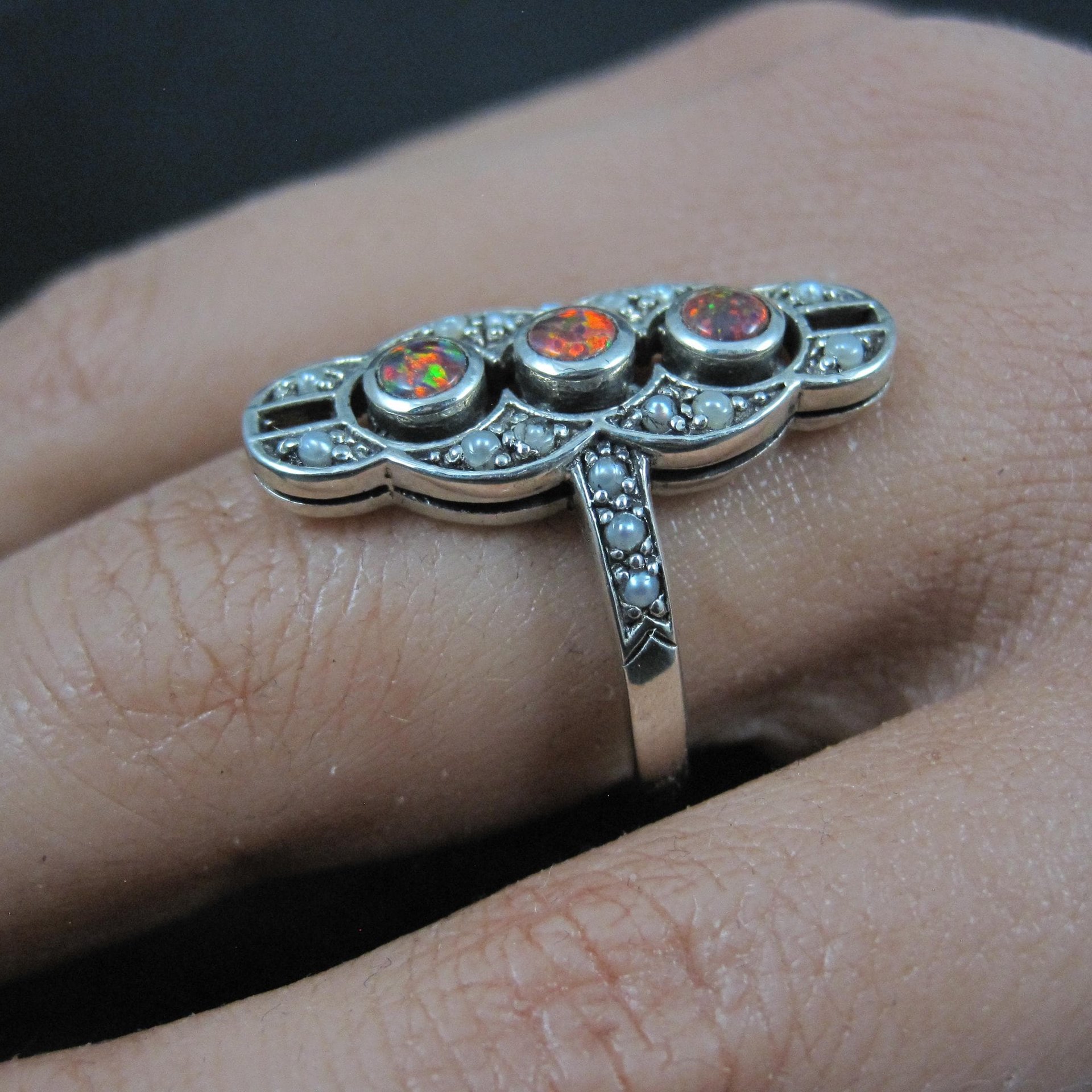 Estate Art Deco Sterling Opal Seed Pearl Ring Size 8