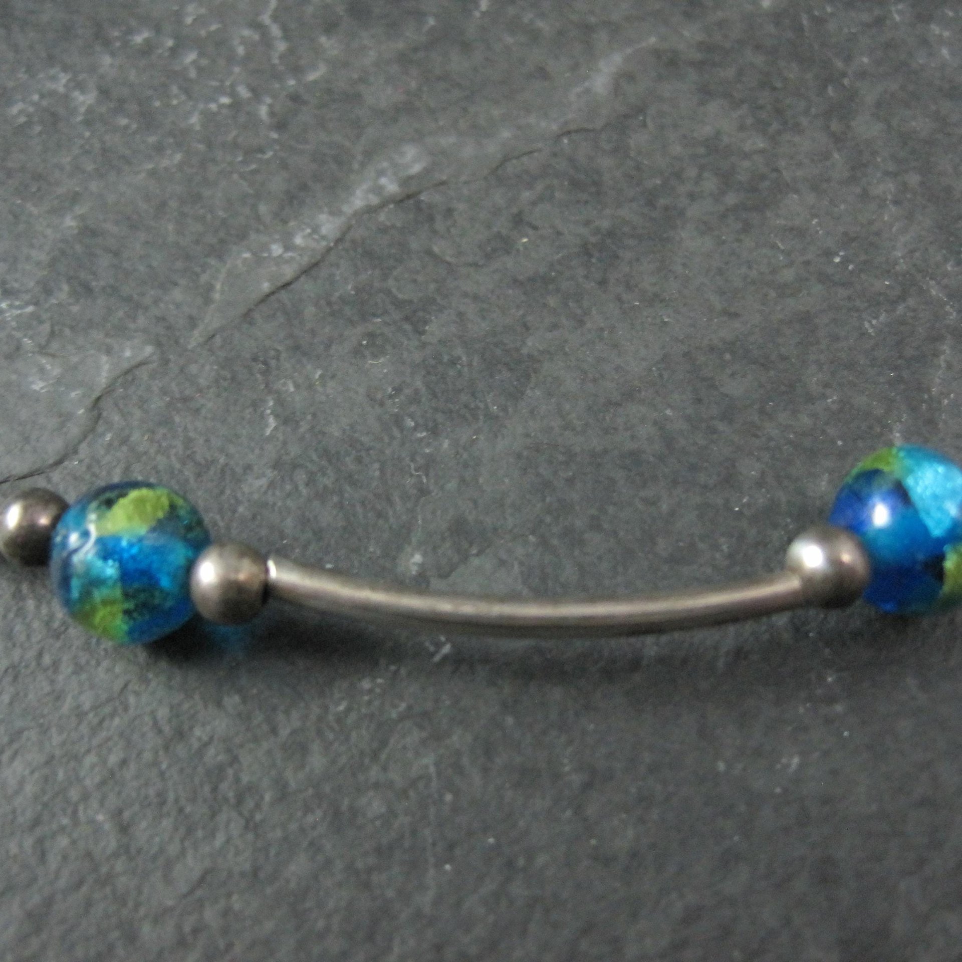 Blue Dichroic Glass and Crystal Bead Necklace Sterling Silver 19"