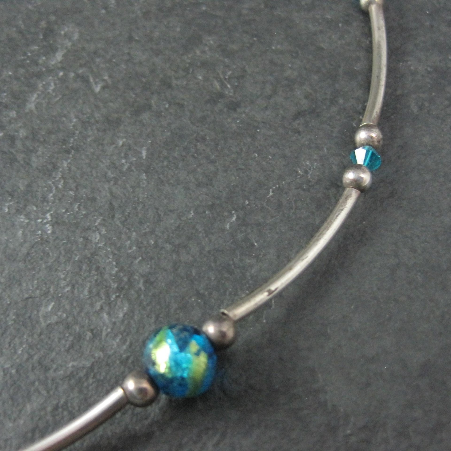 Blue Dichroic Glass and Crystal Bead Necklace Sterling Silver 19"