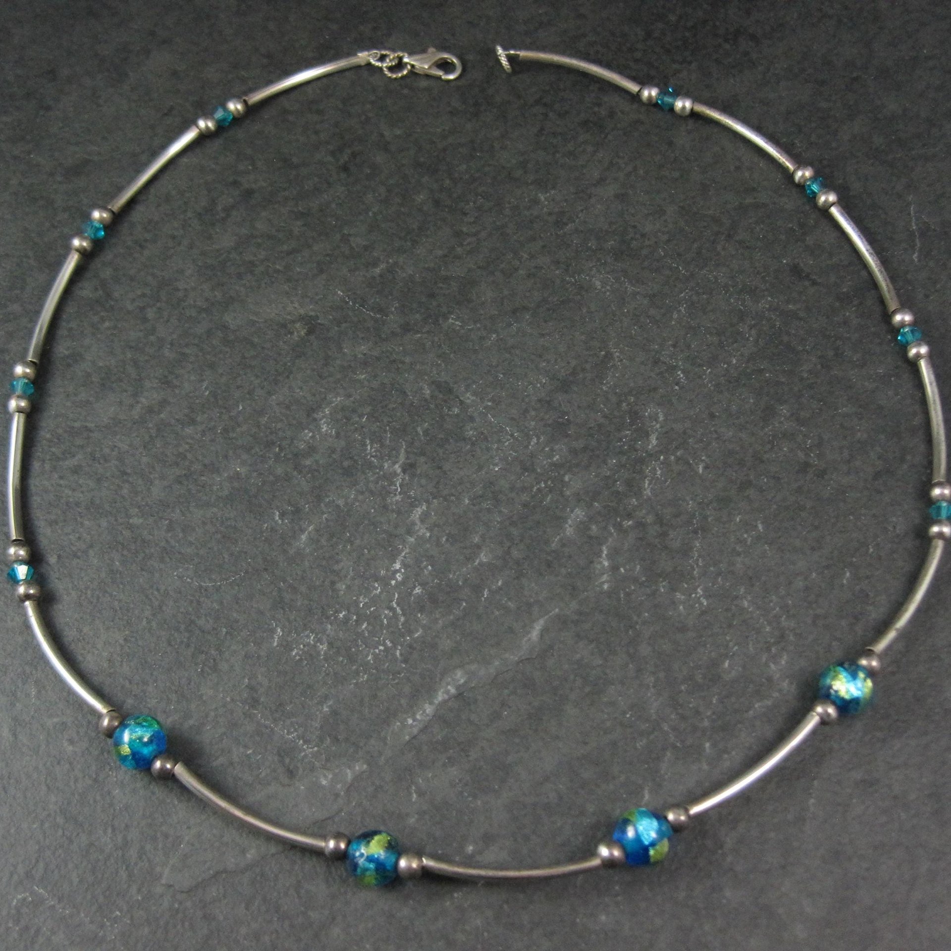 Blue Dichroic Glass and Crystal Bead Necklace Sterling Silver 19"