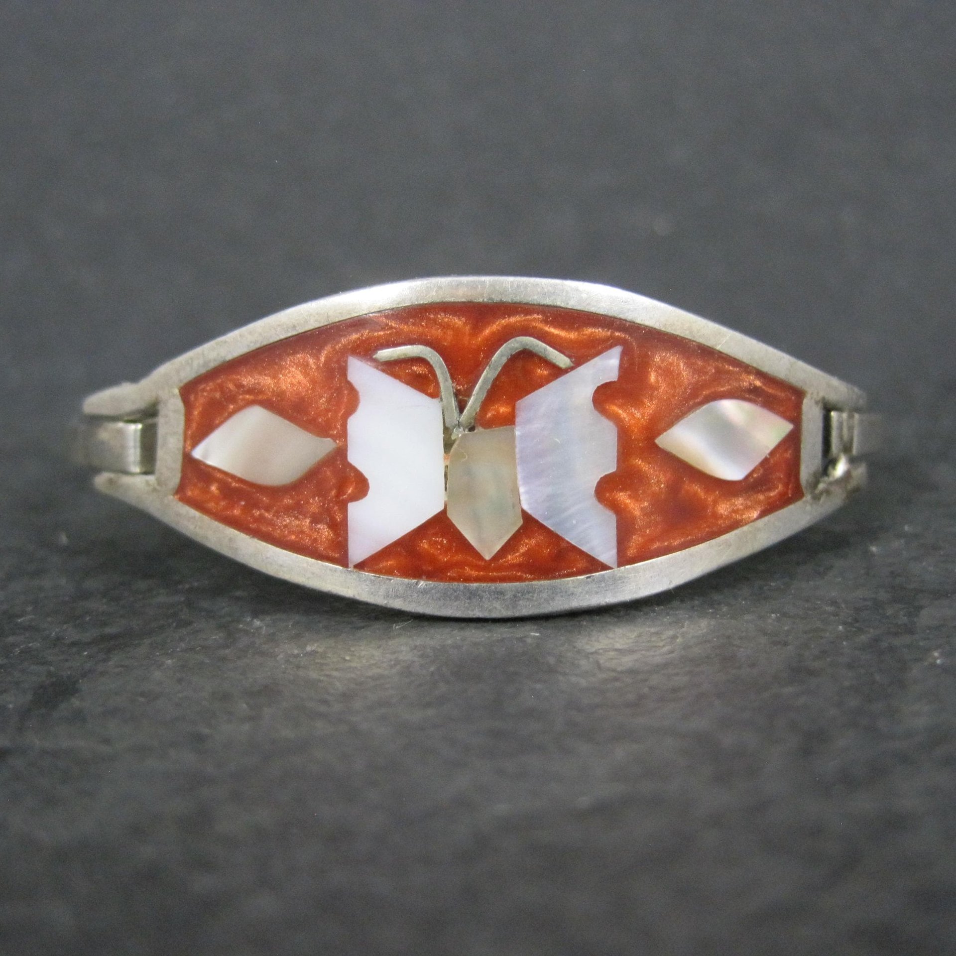 Small Alpaca Silver Mother of Pearl Butterfly Bangle Bracelet 5"