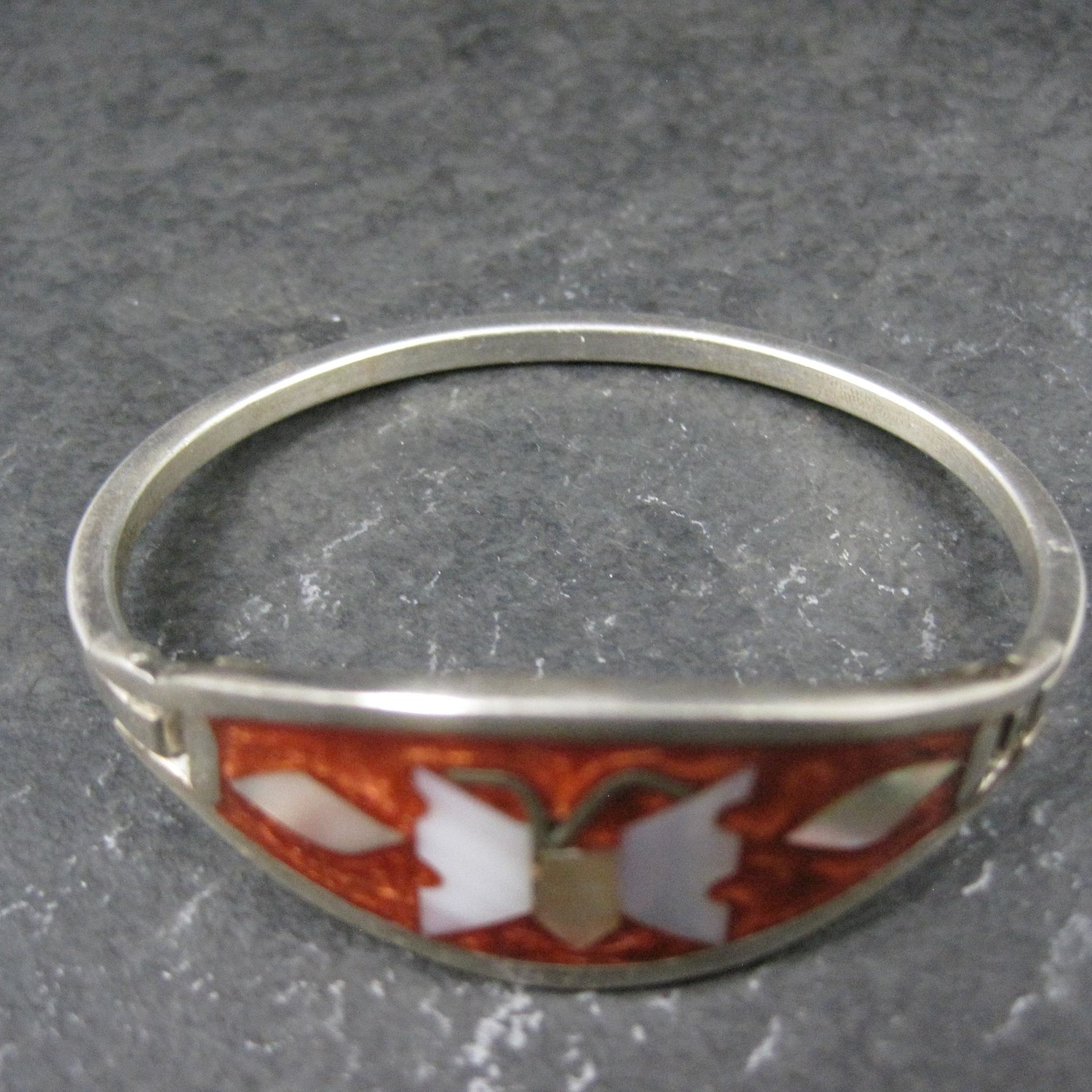 Small Alpaca Silver Mother of Pearl Butterfly Bangle Bracelet 5"