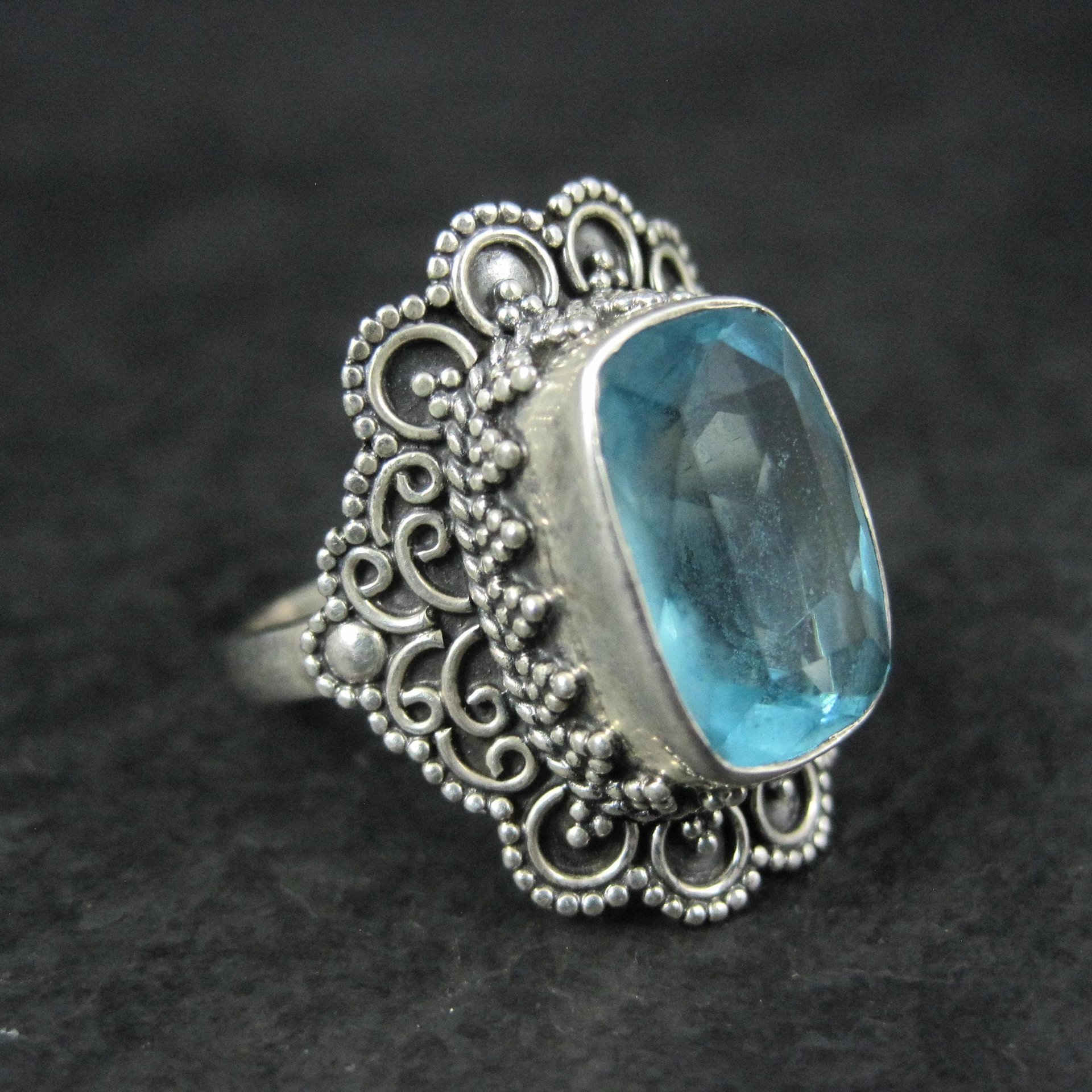 Vintage Balinese Sterling Topaz Blue Glass Ring Size 8