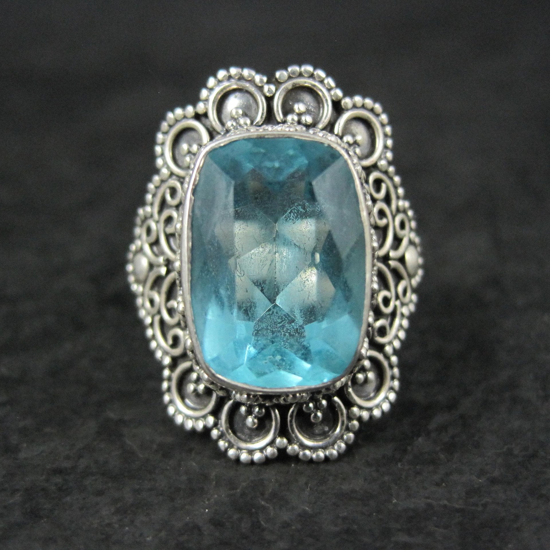 Vintage Balinese Sterling Topaz Blue Glass Ring Size 8