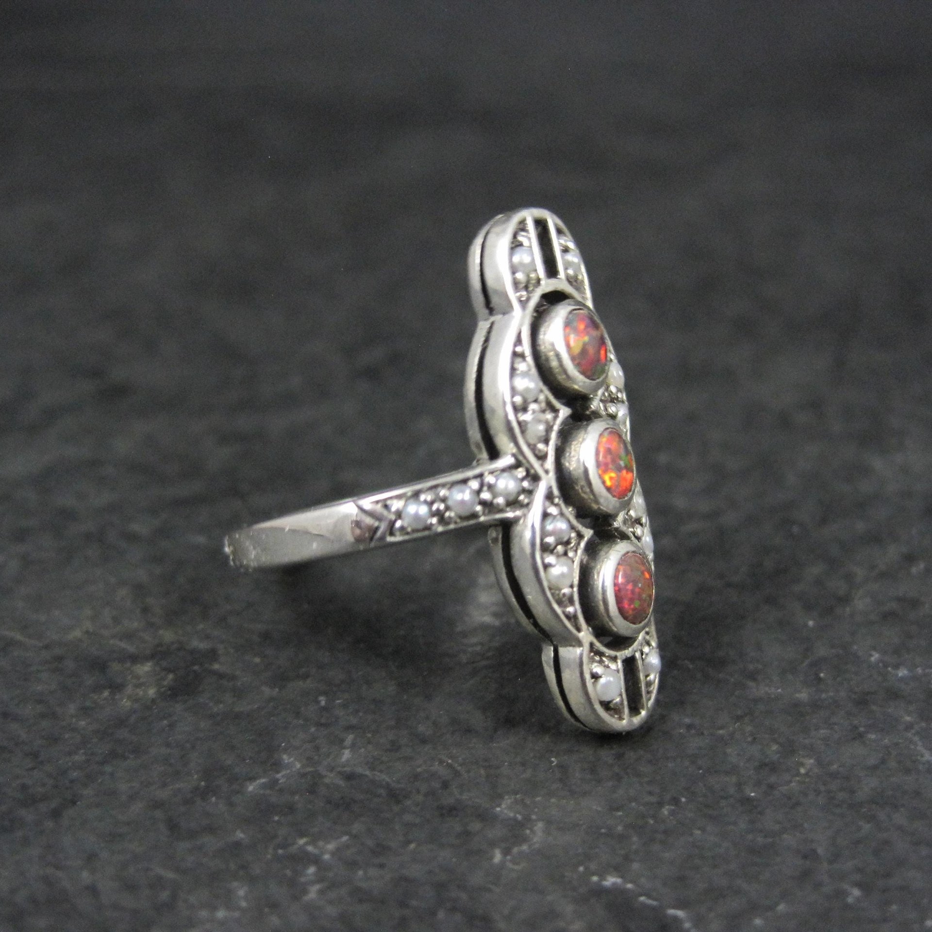 Estate Art Deco Sterling Opal Seed Pearl Ring Size 8