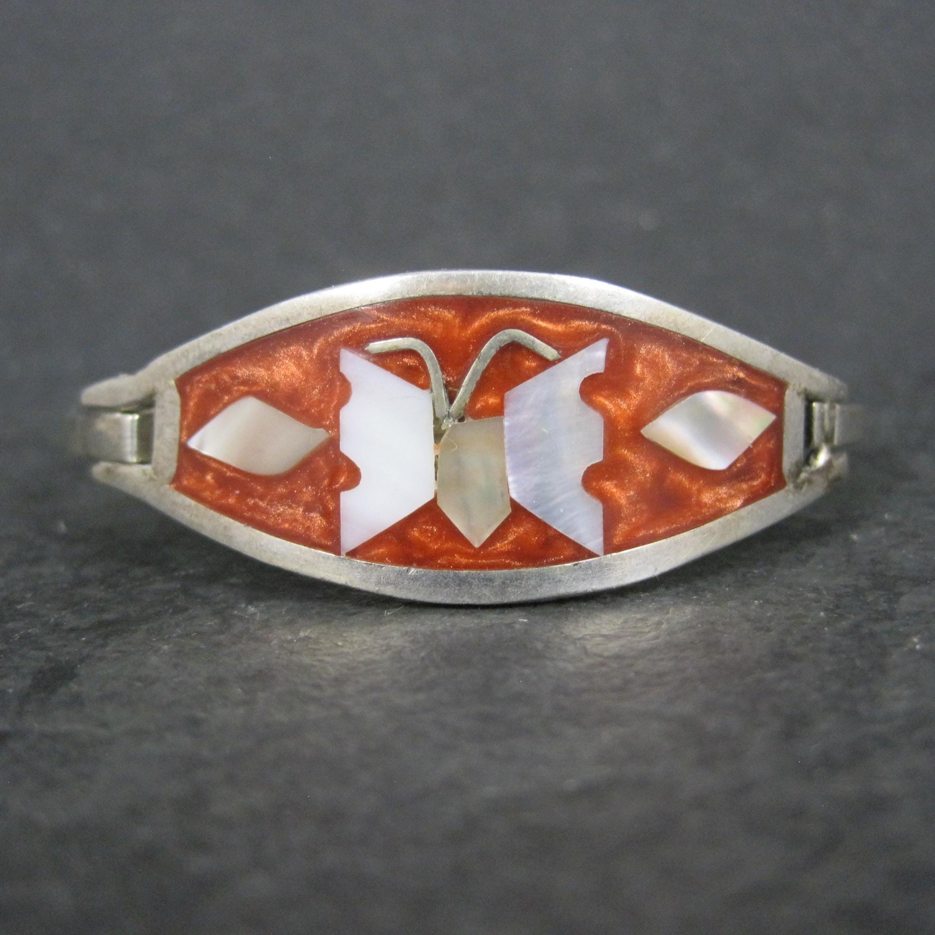 Small Alpaca Silver Mother of Pearl Butterfly Bangle Bracelet 5"