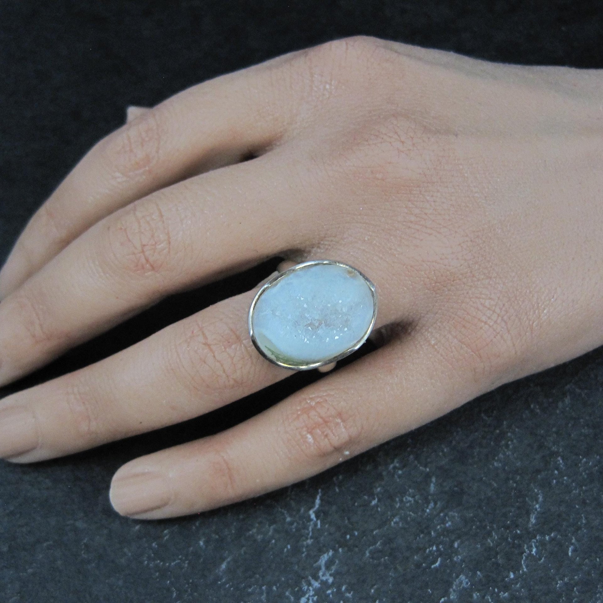 Sterling Silver White Druzy Quartz Ring Size 8