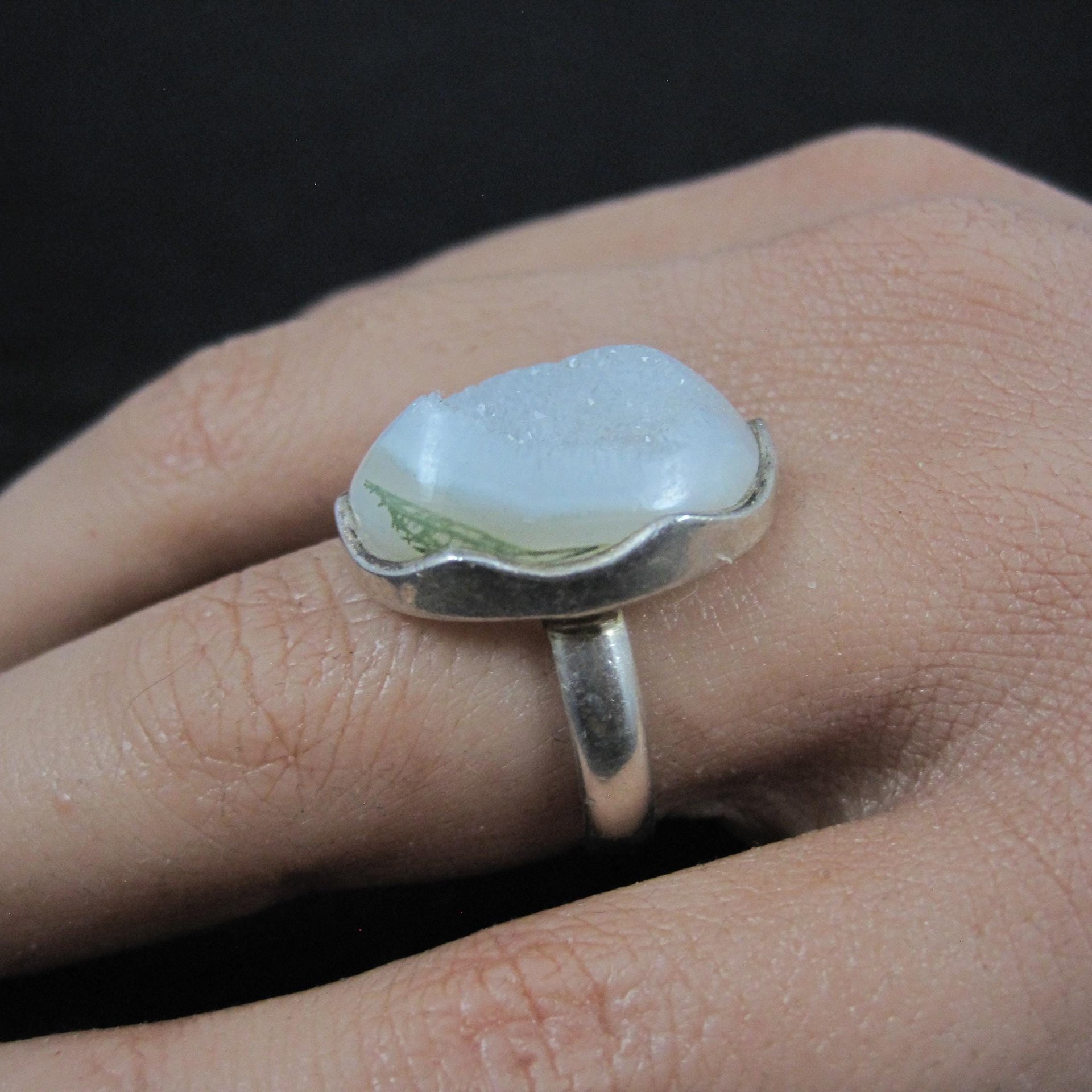 Sterling Silver White Druzy Quartz Ring Size 8