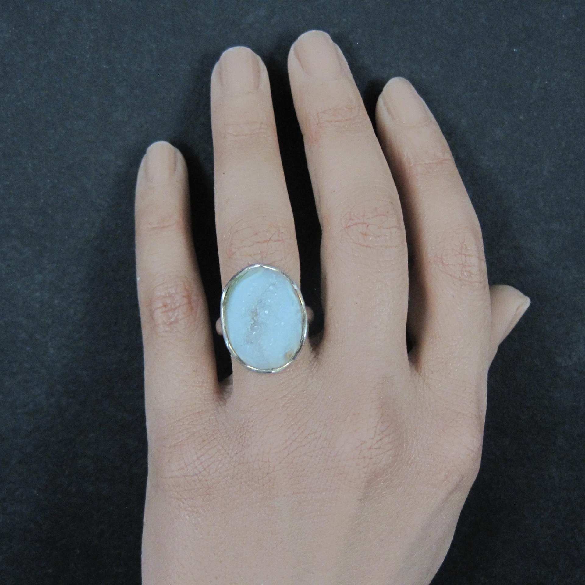 Sterling Silver White Druzy Quartz Ring Size 8