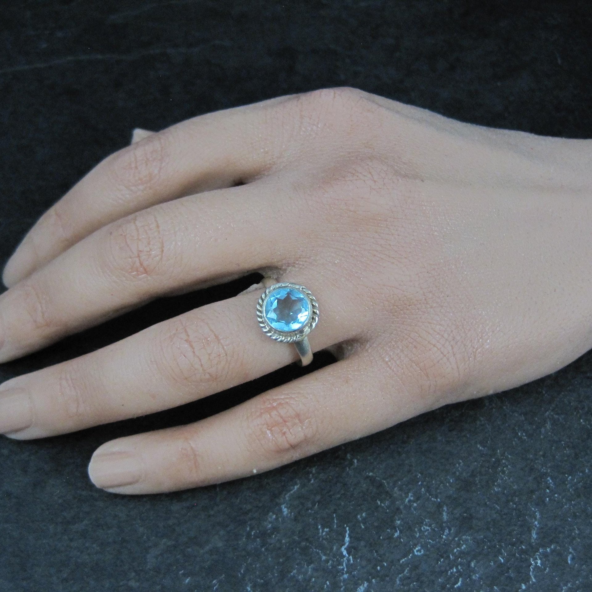Simple Sterling Silver Blue Topaz Ring Size 7