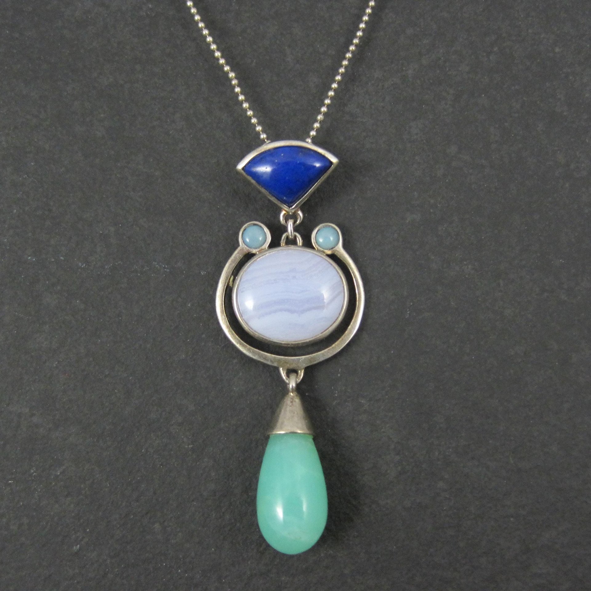 Sterling Lapis Lazuli Banded Agate Aventurine Opal Pendant