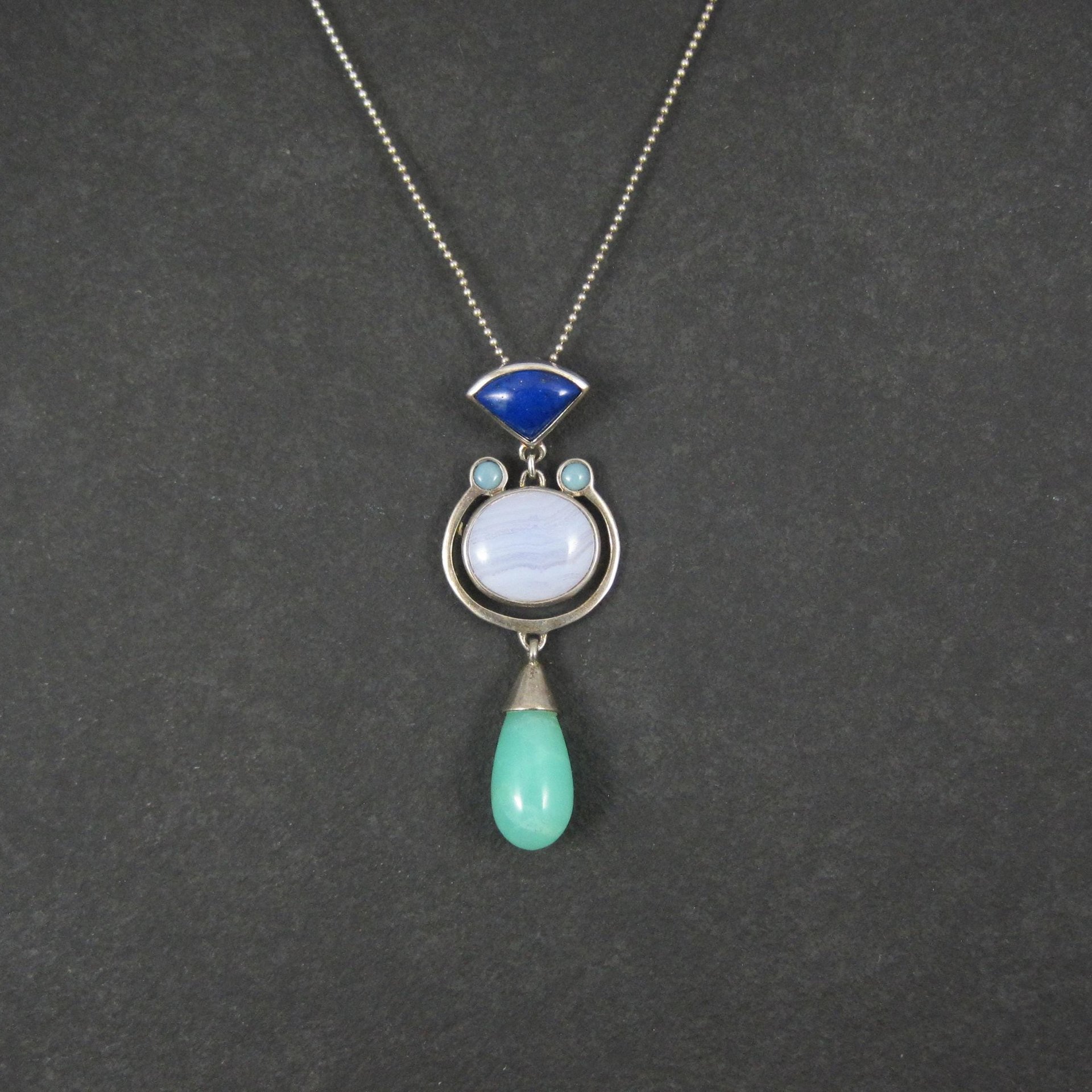 Sterling Lapis Lazuli Banded Agate Aventurine Opal Pendant